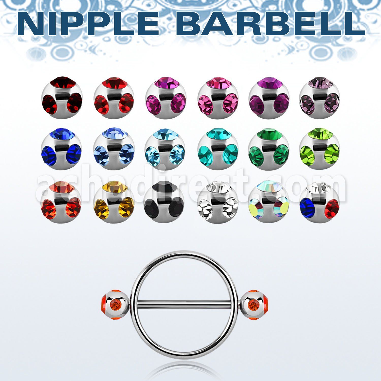 mjnpe5 steel round nipple shield w a bar 2 multi jewel balls
