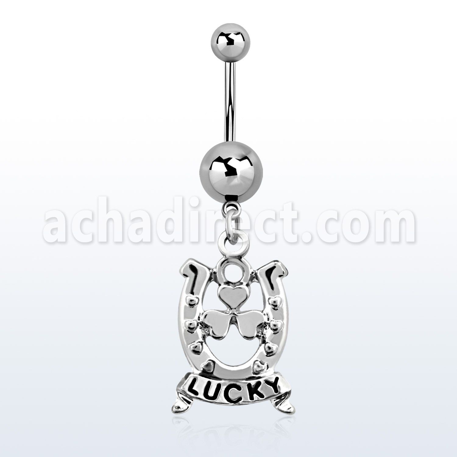 msd572 316l steel belly banana w a dangling horseshoe design