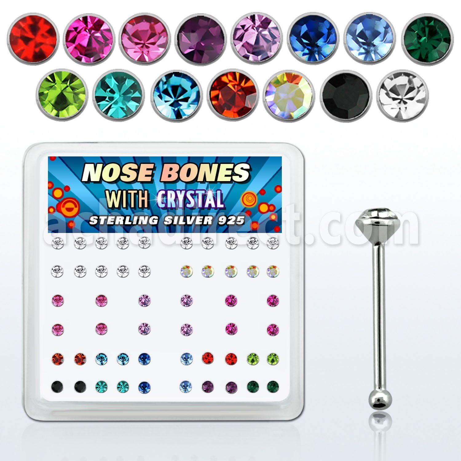 nb14mx box w silver nose bones w 2mm round mixed color crystals