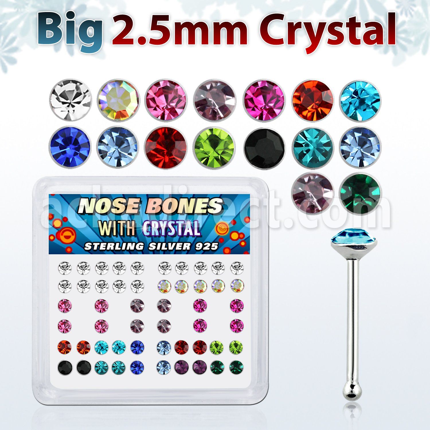 nb19mx box of silver nose bones with big 2 5mm crystal tops