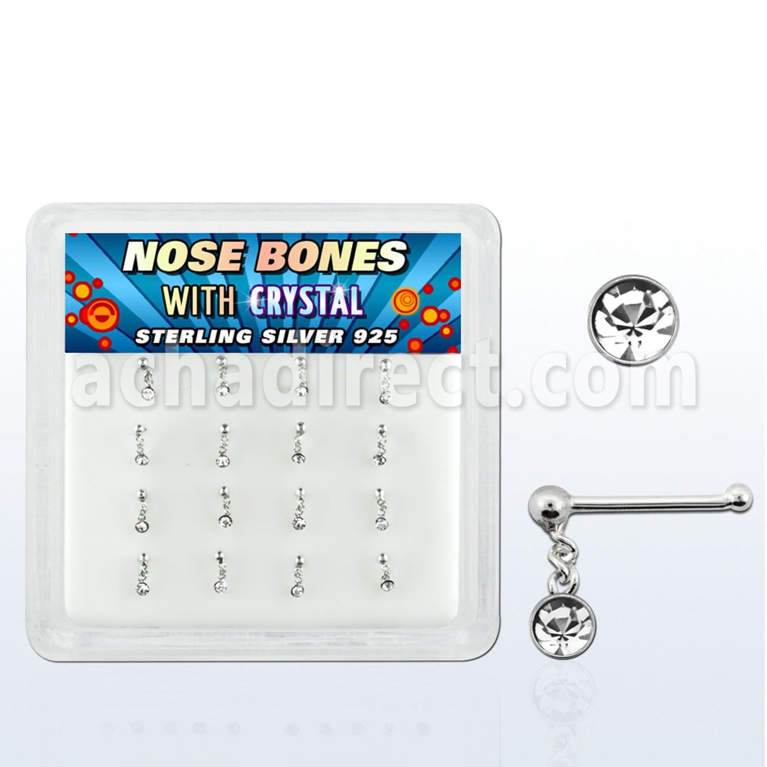 nbdc16 box of silver nose bones w ball top dangling crystal