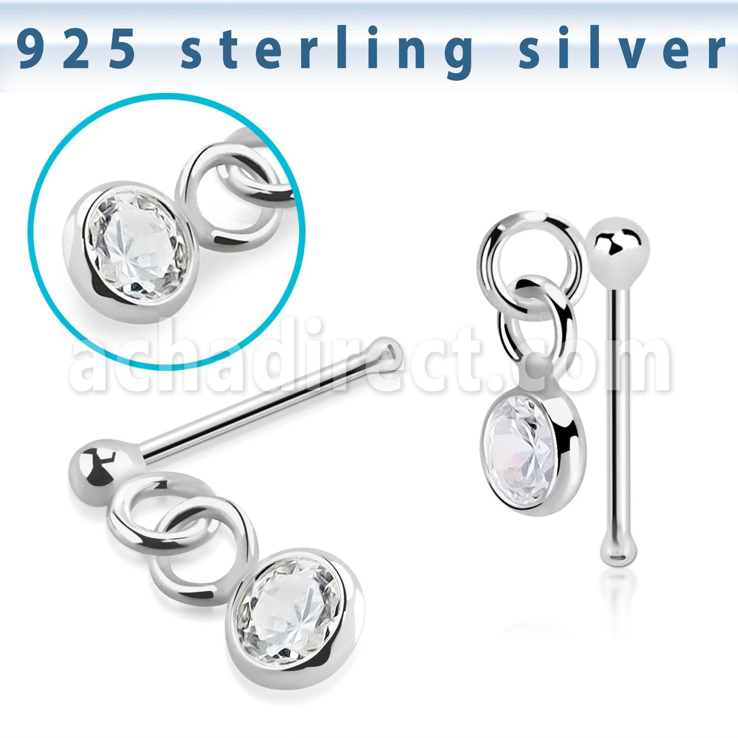 nbdvbz1 silver nose bone ball bezel set dangling cz