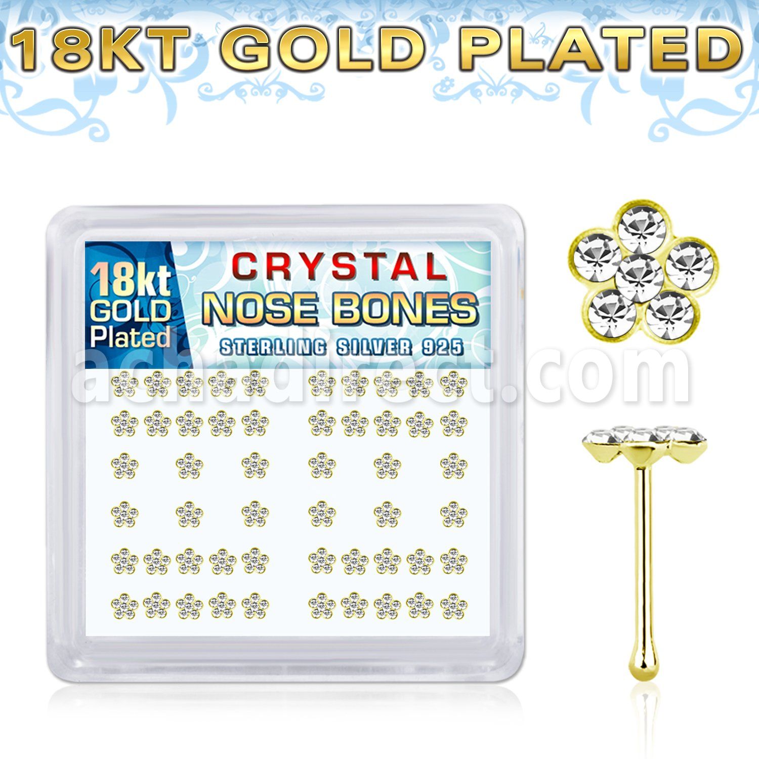 nbflbxcg 18k gold plated silver nose bones clear flower