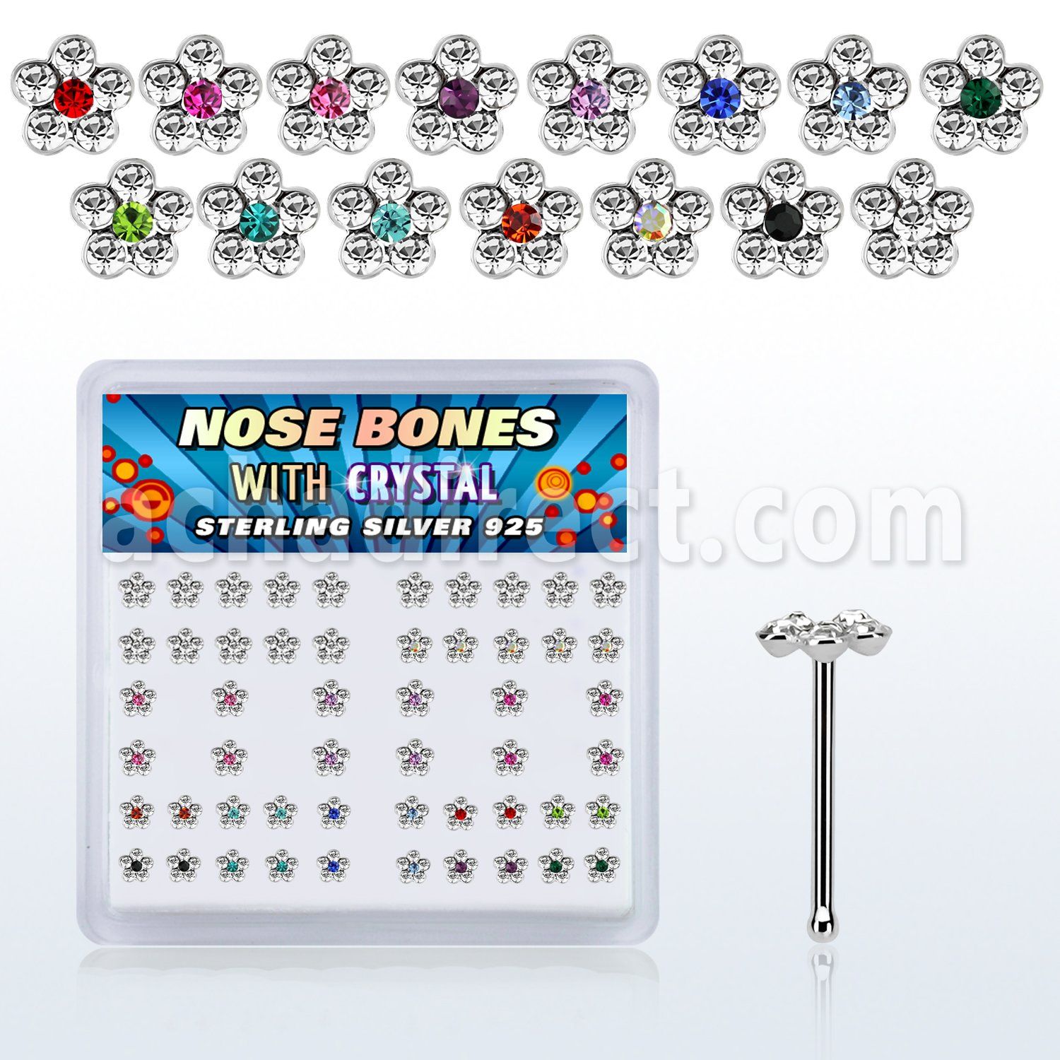 nbflbxs2 box of silver nose bones w flower with center crystal