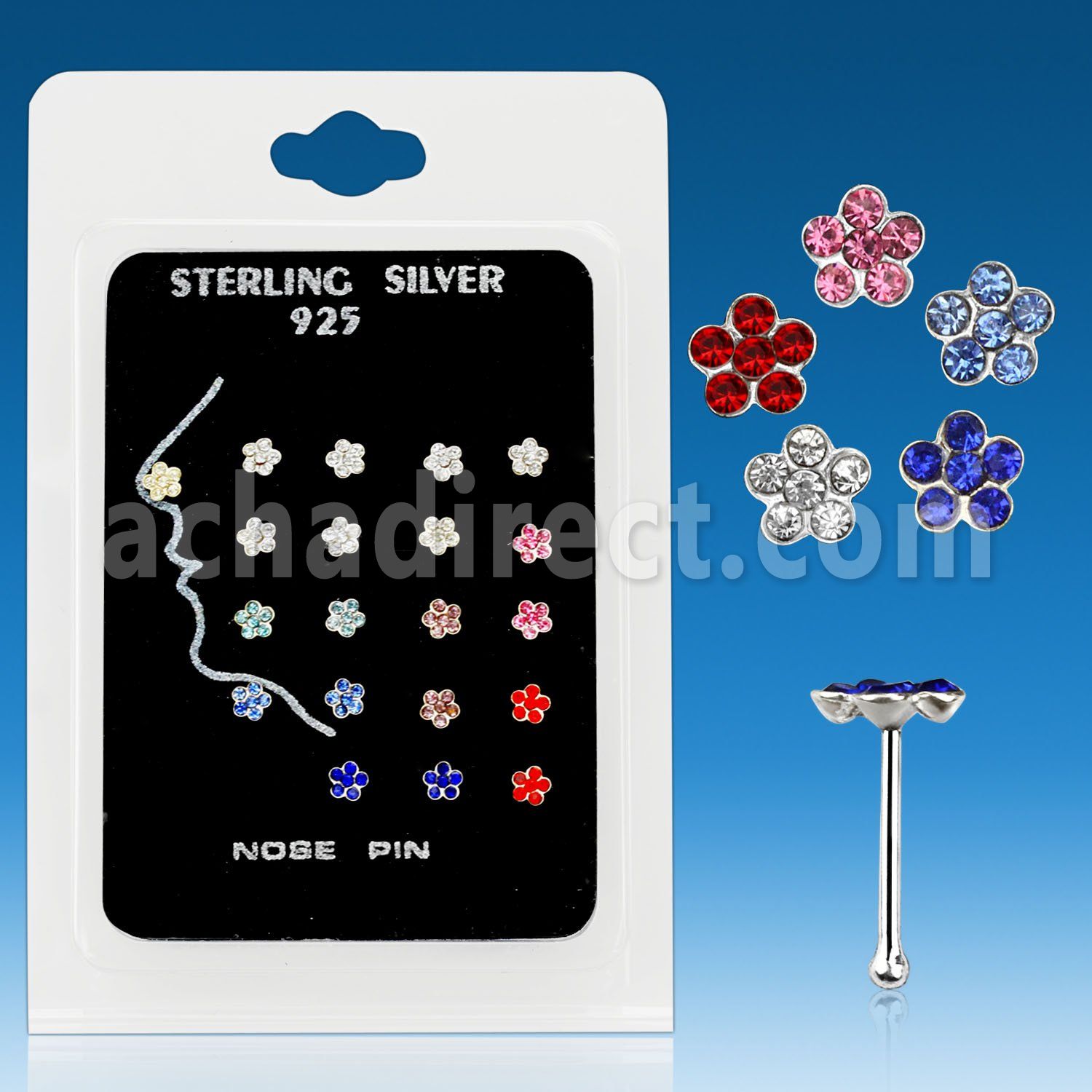 nbflpk pack of silver nose bones with assorted crystal flower