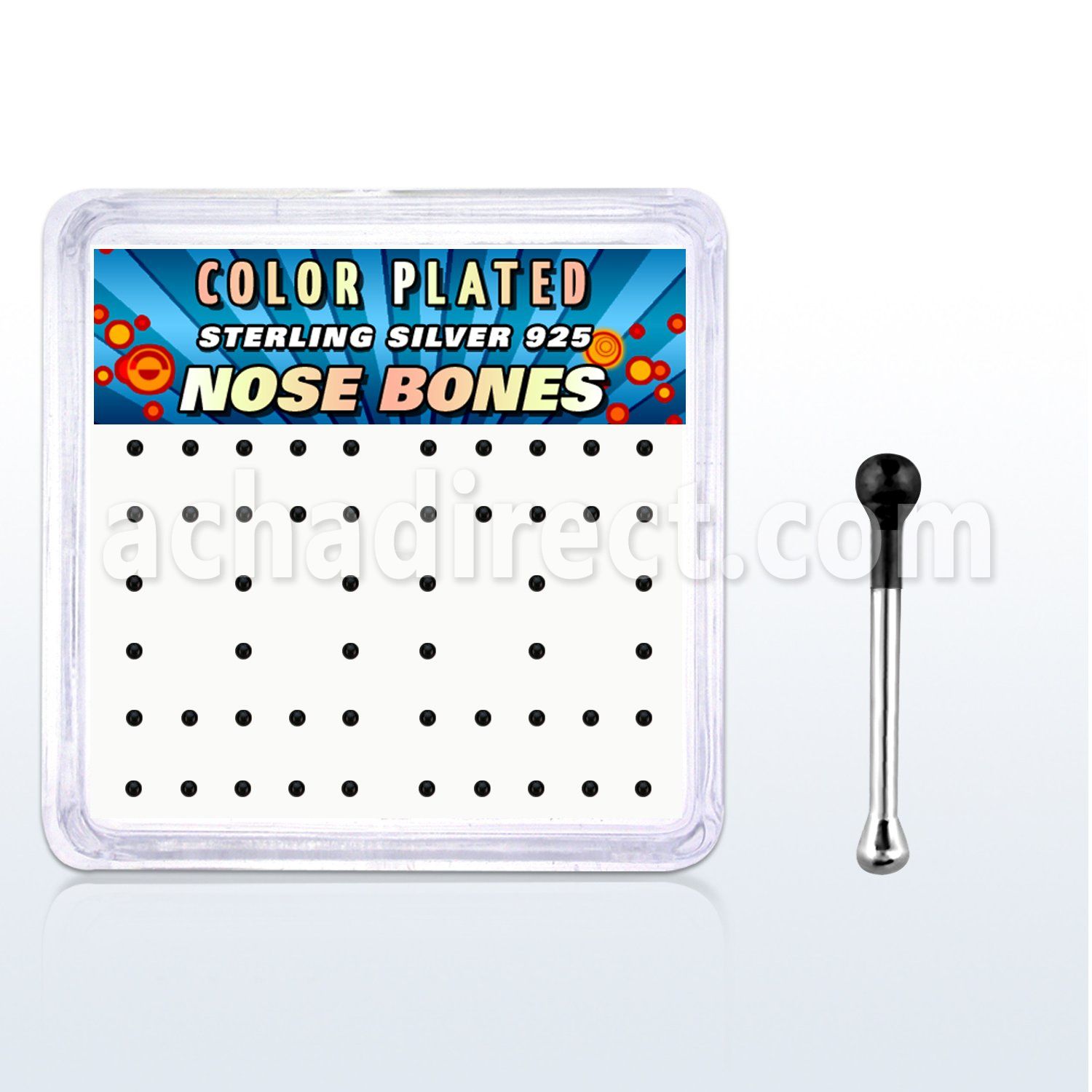 nbkbbx1 box w 52 silver nose bones w 1mm black plated ball tops