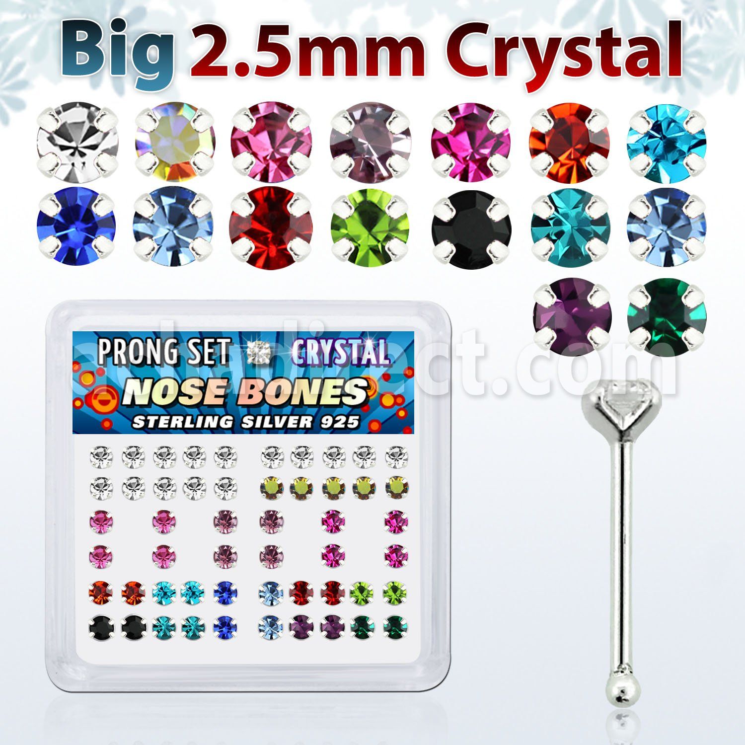 nbp19mx box of silver nose bones with 2 5mm prong set crystal