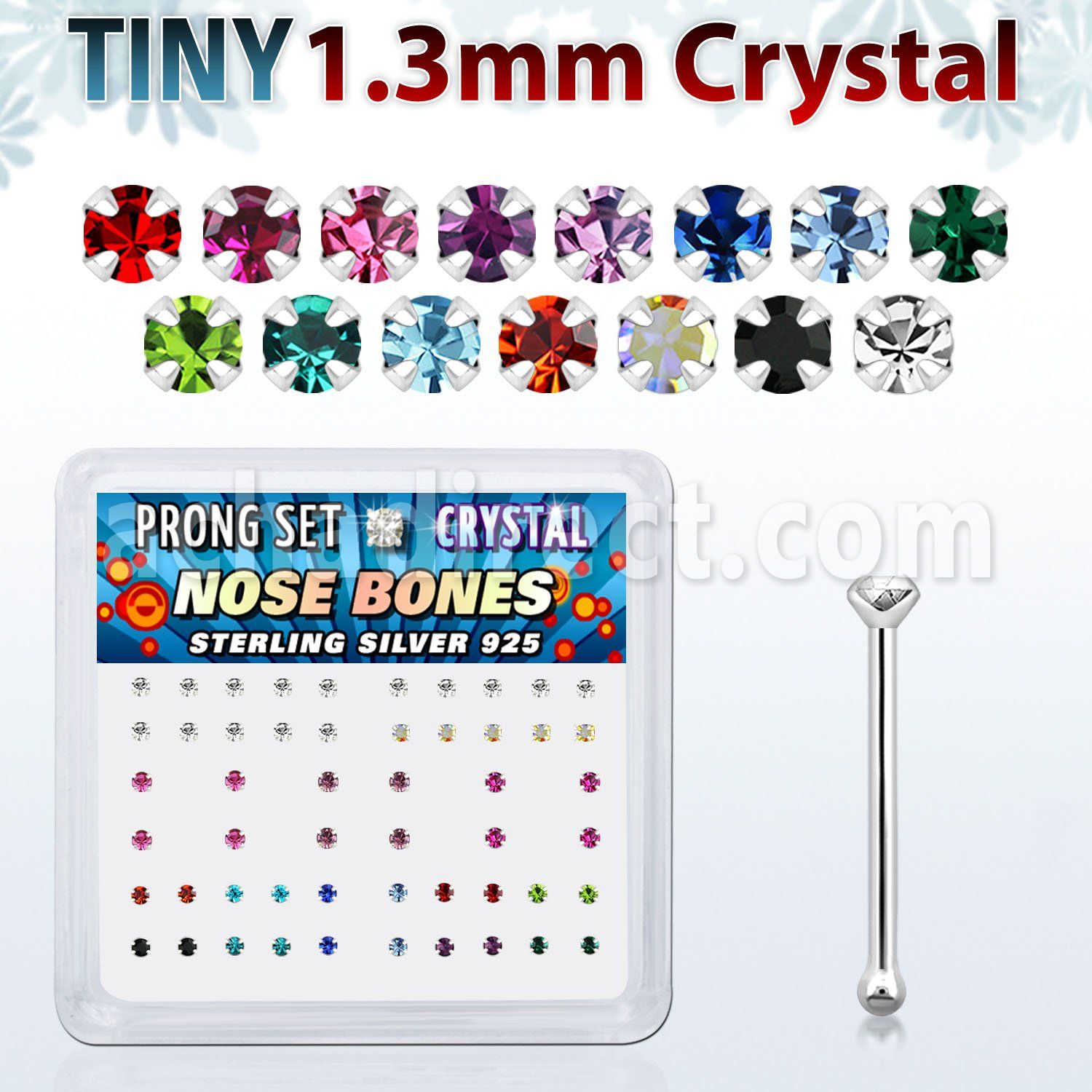 nbp6mx box of silver nose bones with 1 25mm prong set crystal