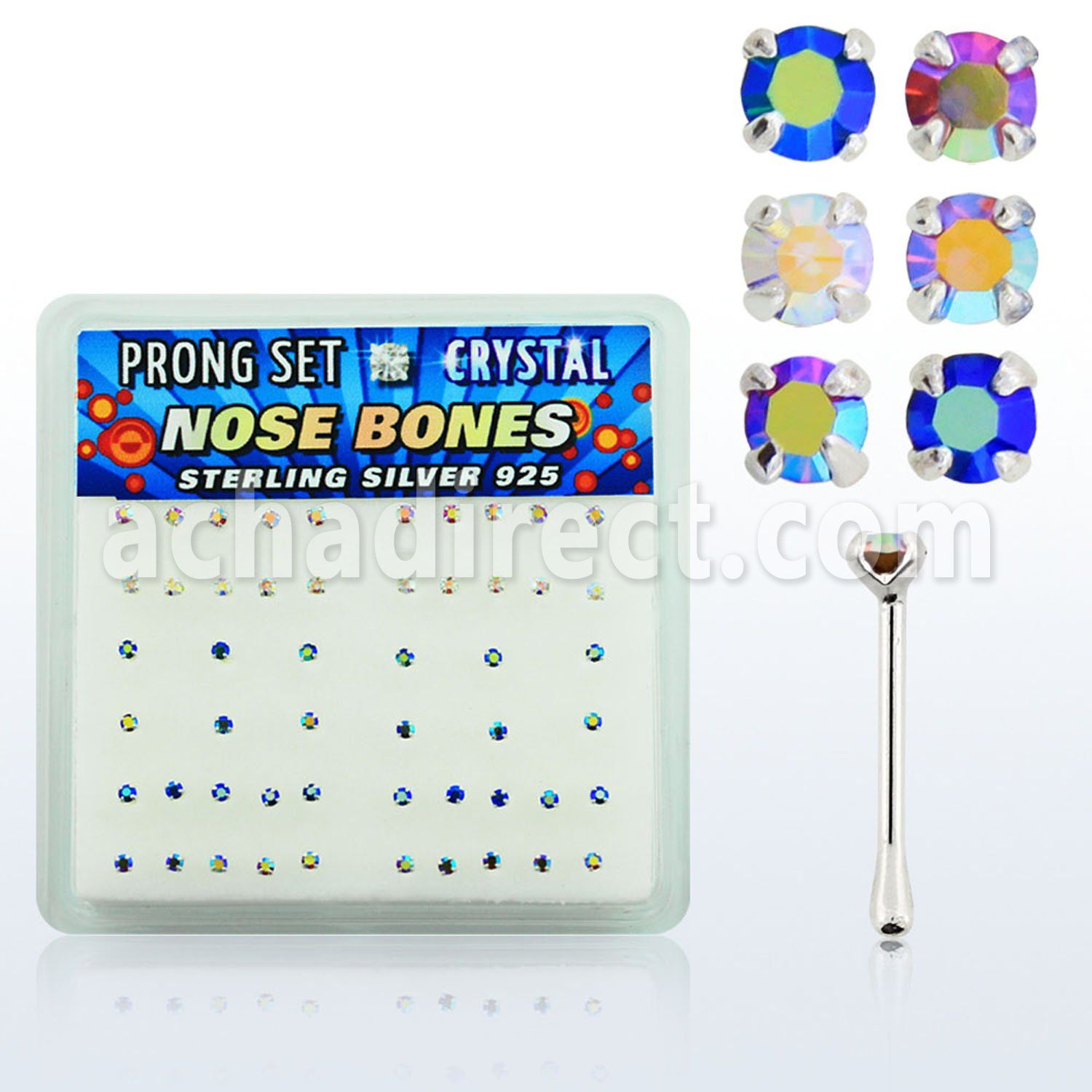 nbpbxabm box of silver nose bones w ab assorted prong crystals