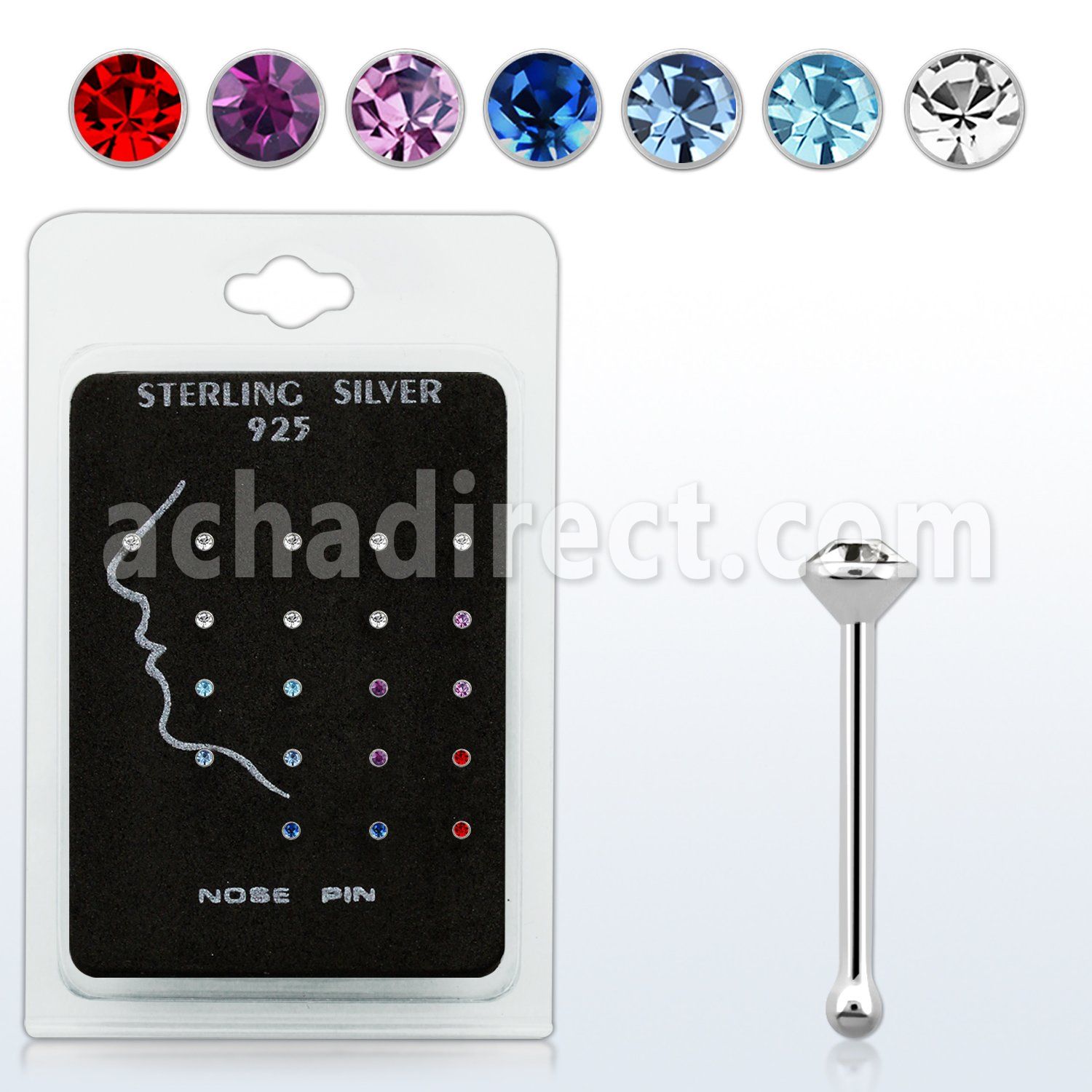 nbrdpkm pack of silver nose bones with assorted crystal tops