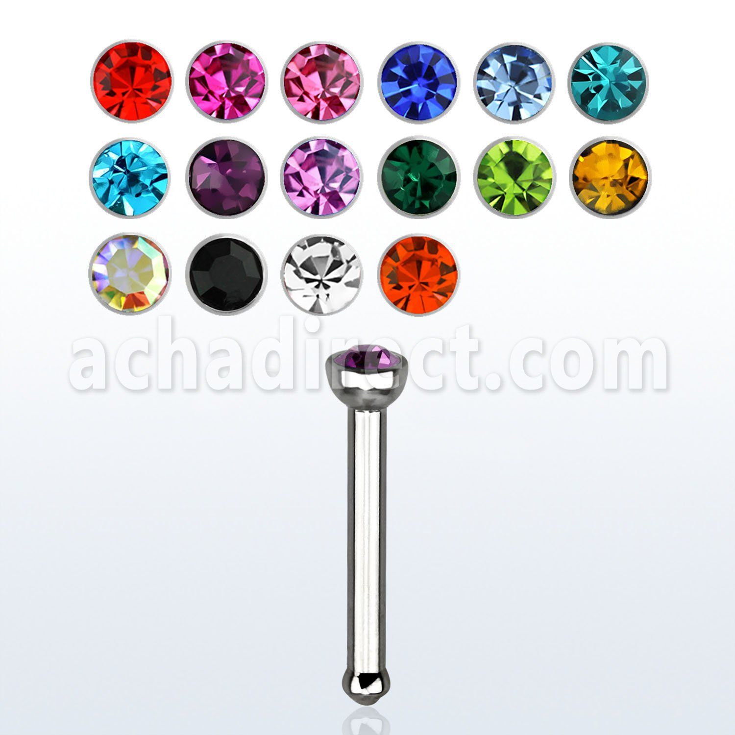 nbs20 316l steel nose bone with 2mm round crystal top