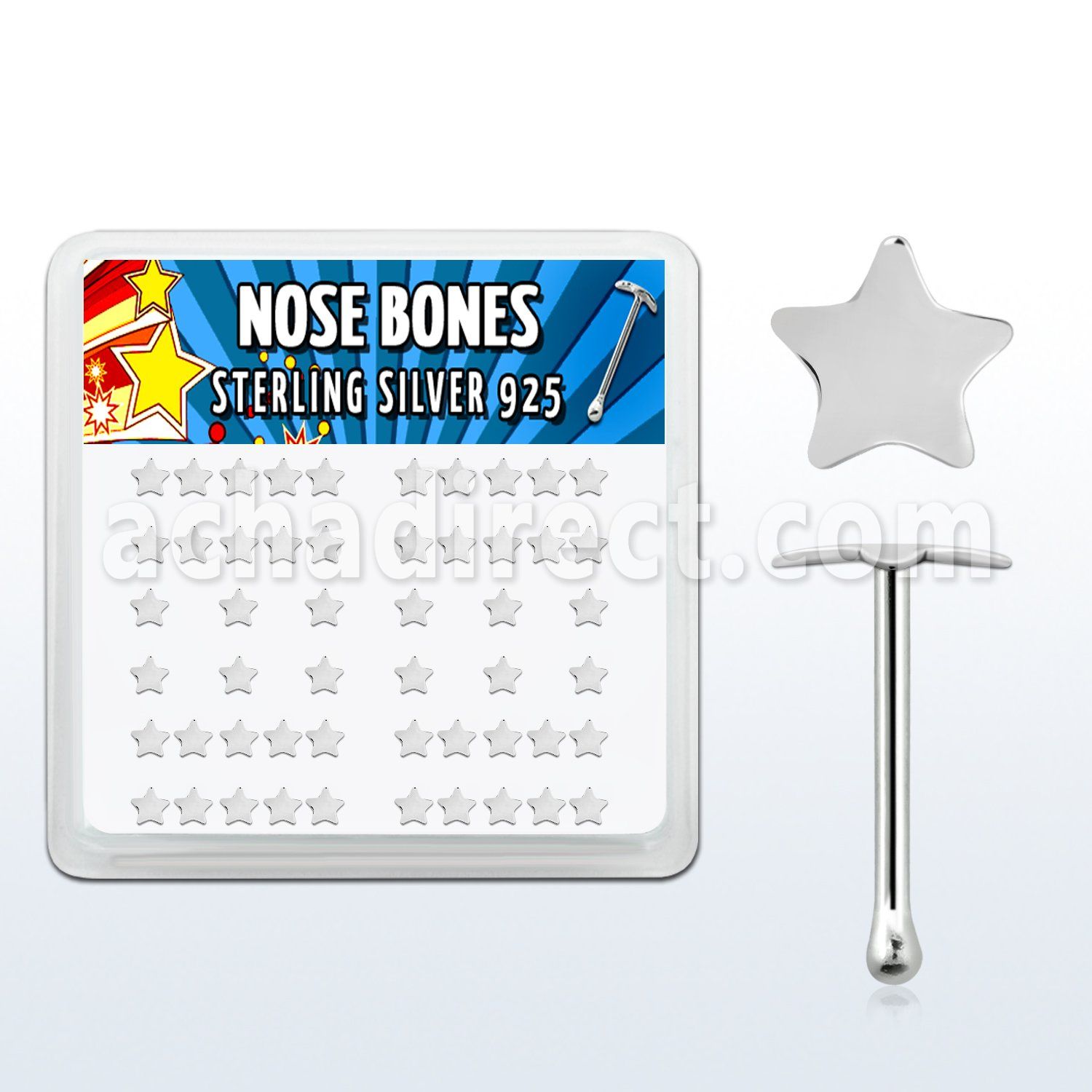 nbsarbx box of silver nose bones with 3mm silver star tops