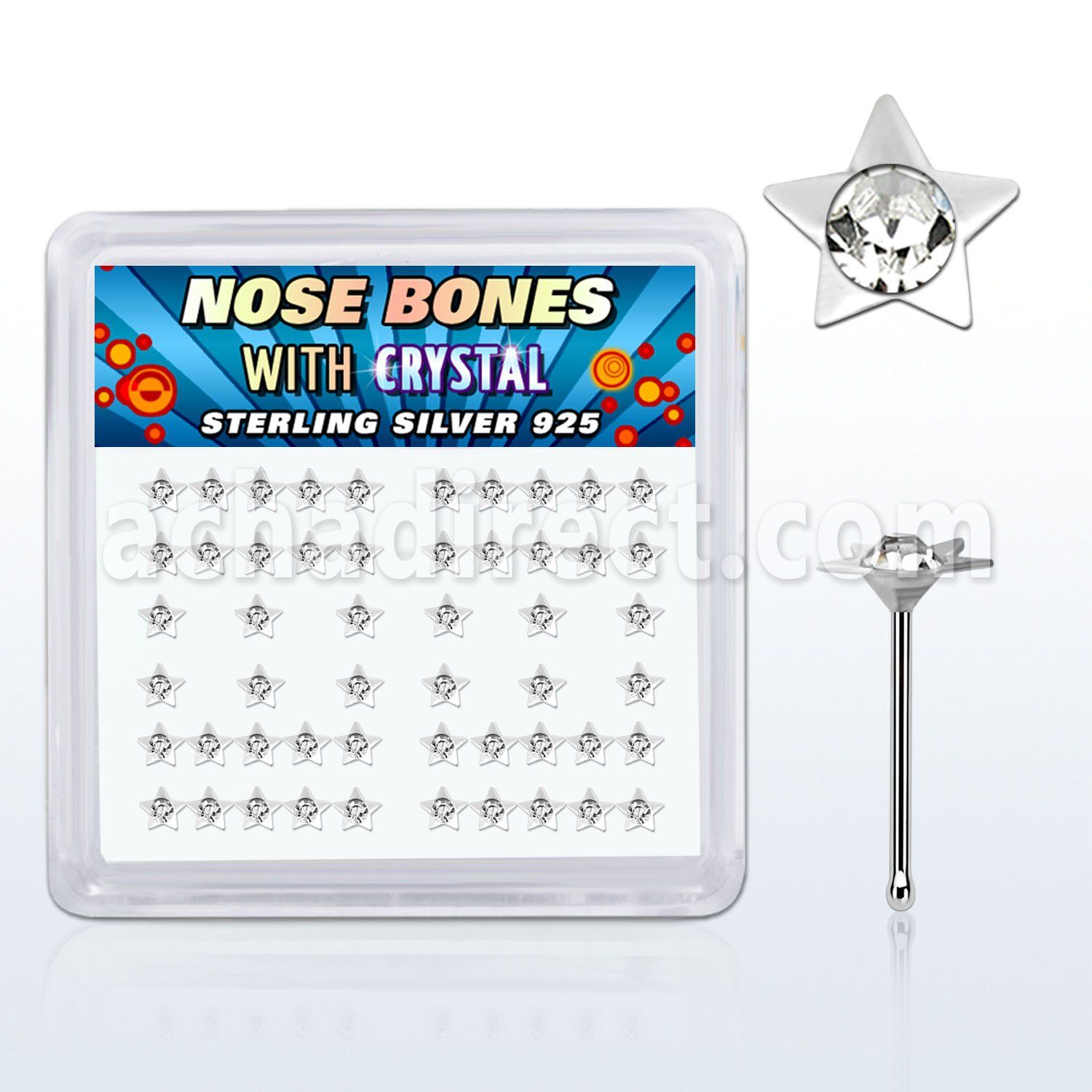 nbsarbxc box of silver nose bones with star w center crystal