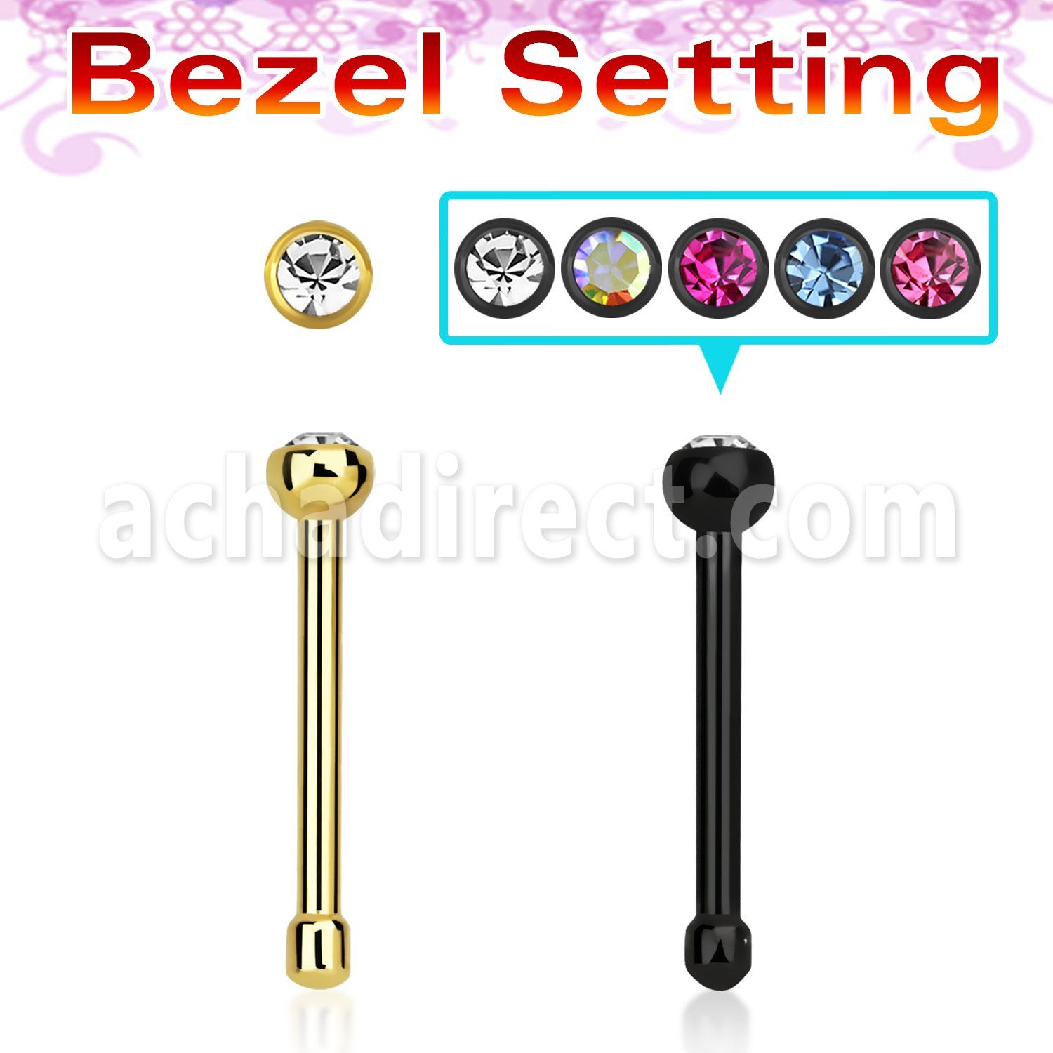 nbsbt20 anodized steel nose bone w round top w bezel set crystal