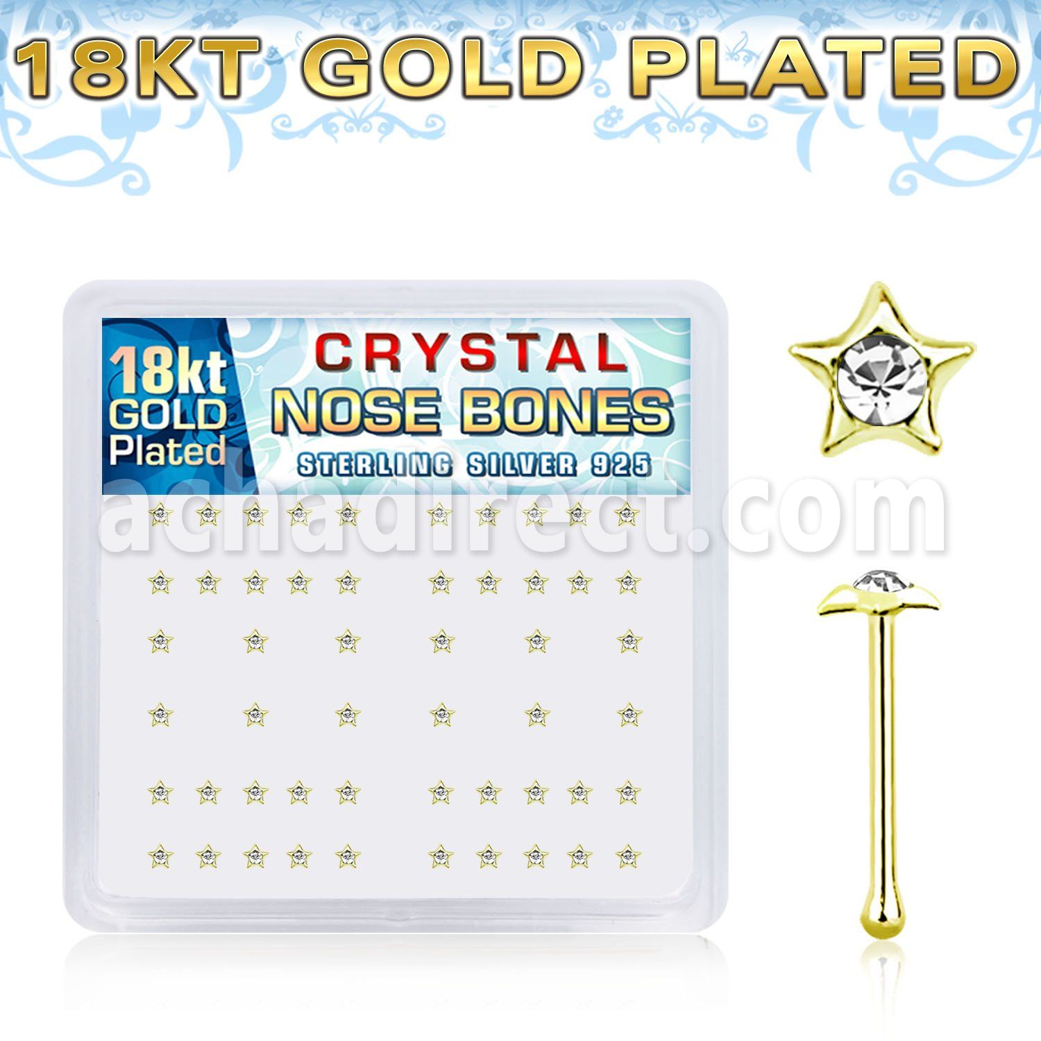nbstxcg 18k gold plated silver nose bones clear star