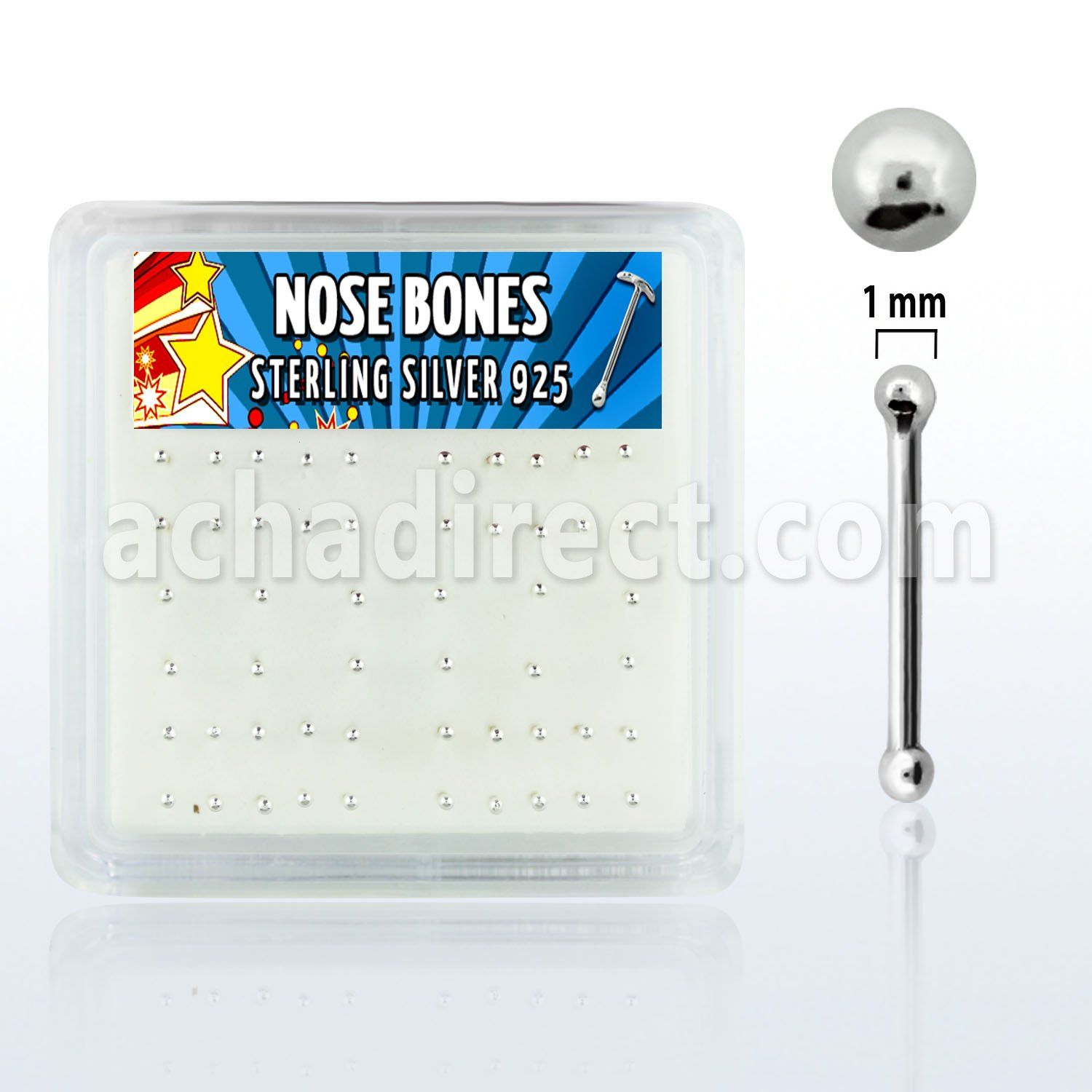 nbsv1bx box of silver nose bones with silver ball shaped top