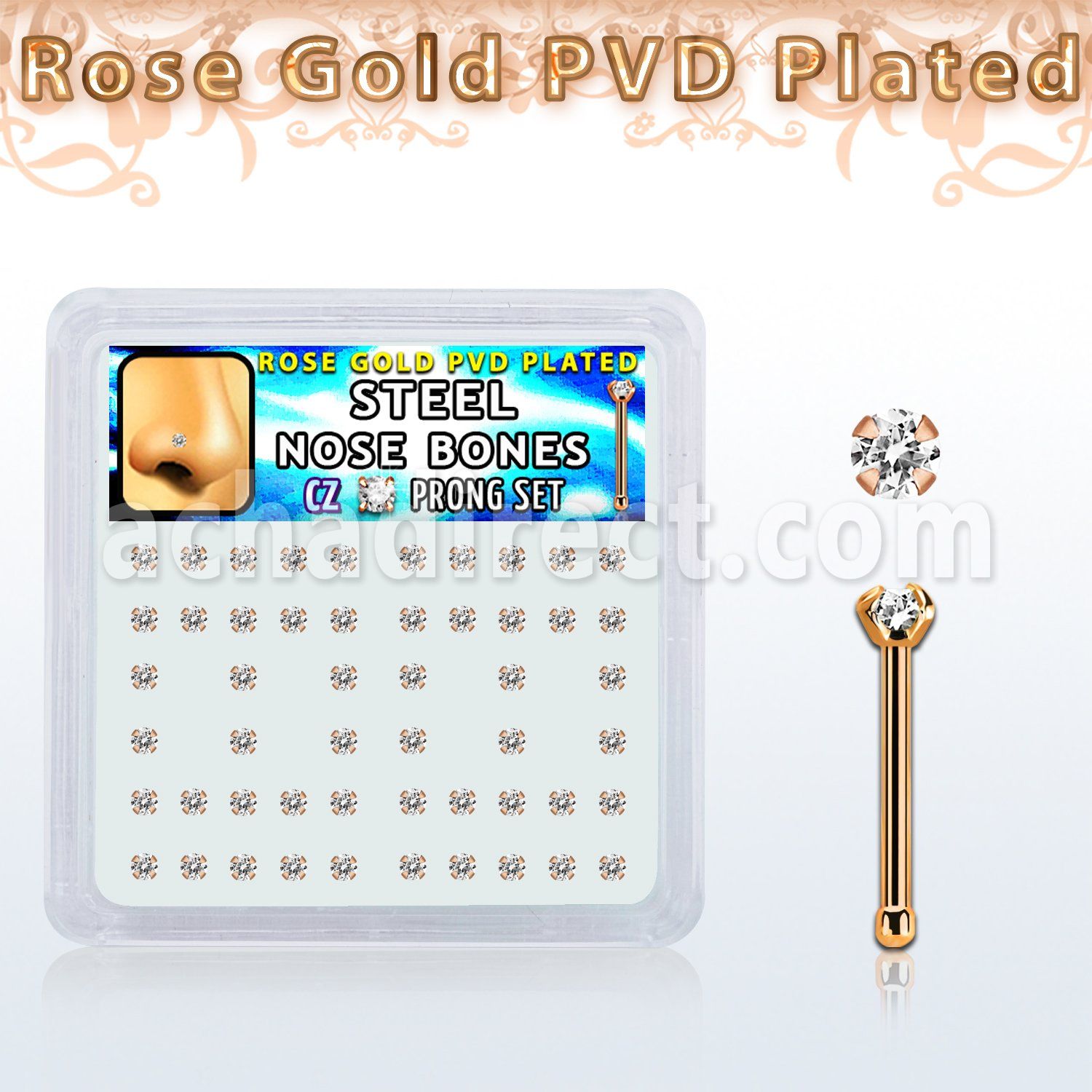 nbttz2xc box w rose gold steel nose bones w 2mm clear czs
