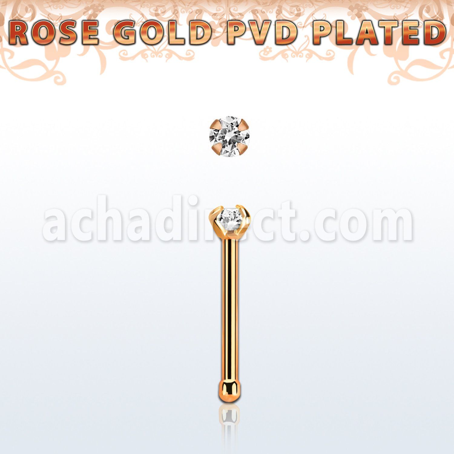 nbttzr2 rose gold  steel nose bone 20g w prong set clear 2mm cz