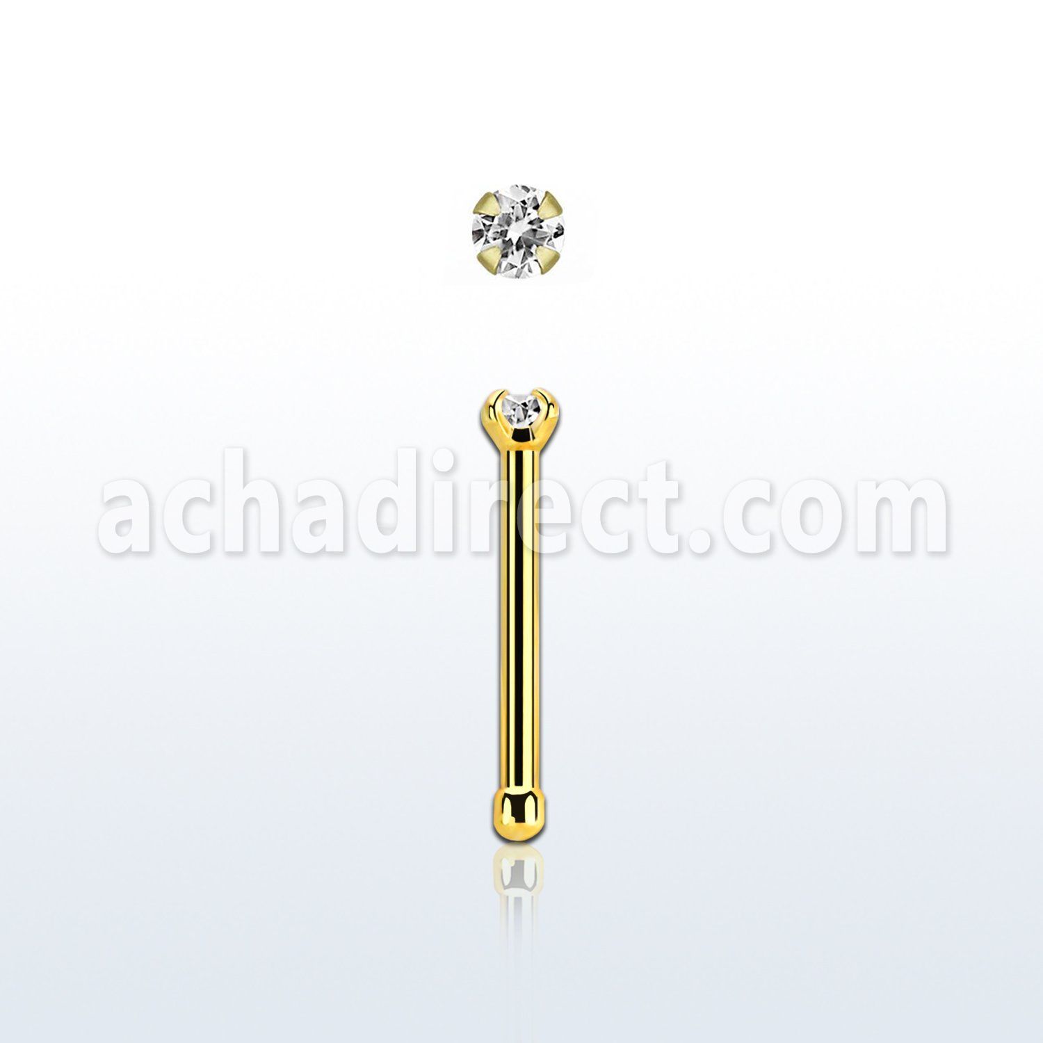 nbtzr15 gold steel nose bone, 20g w prong set 1.5mm round cz