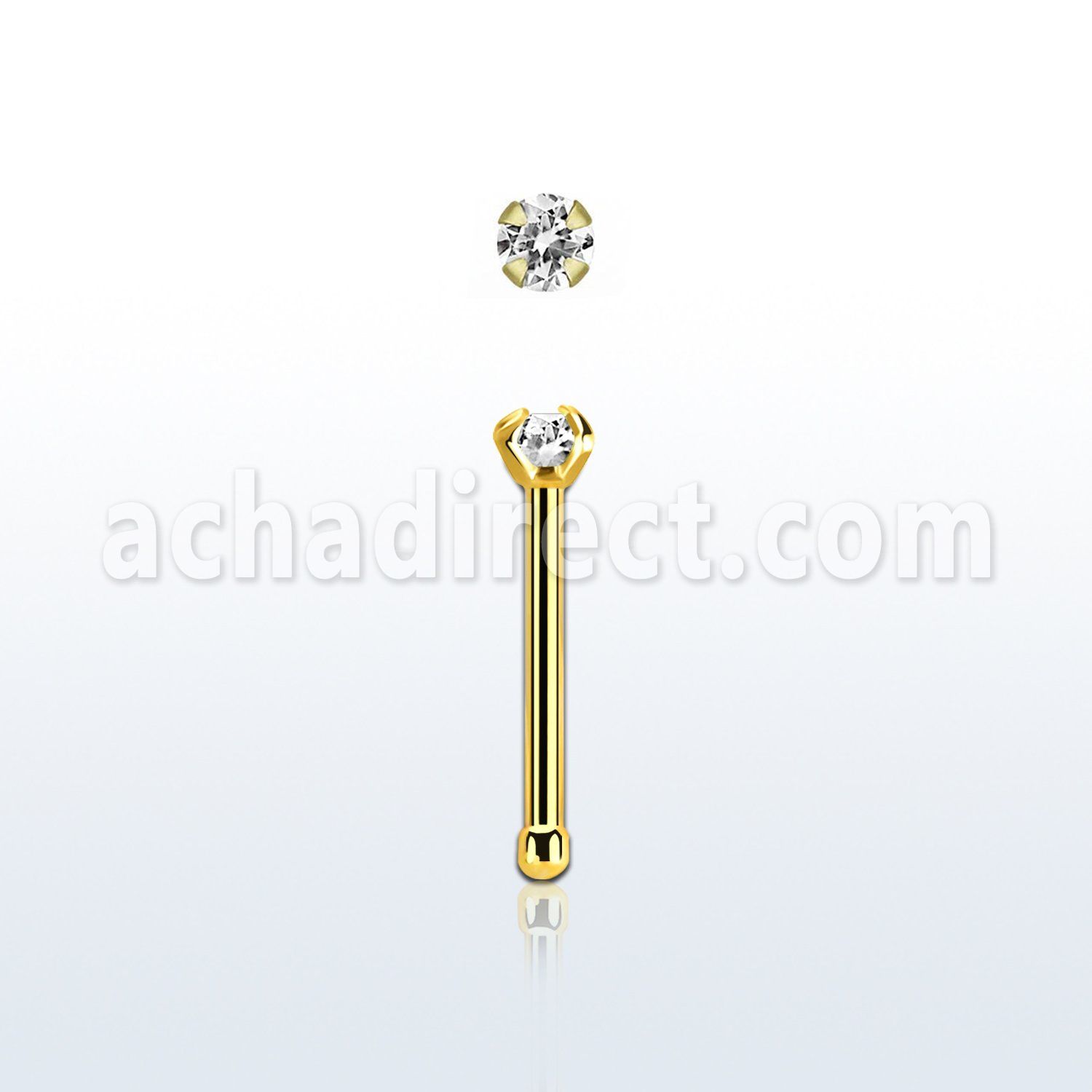 nbtzr2 gold steel nose bone, 20g w prong set 2mm round cz