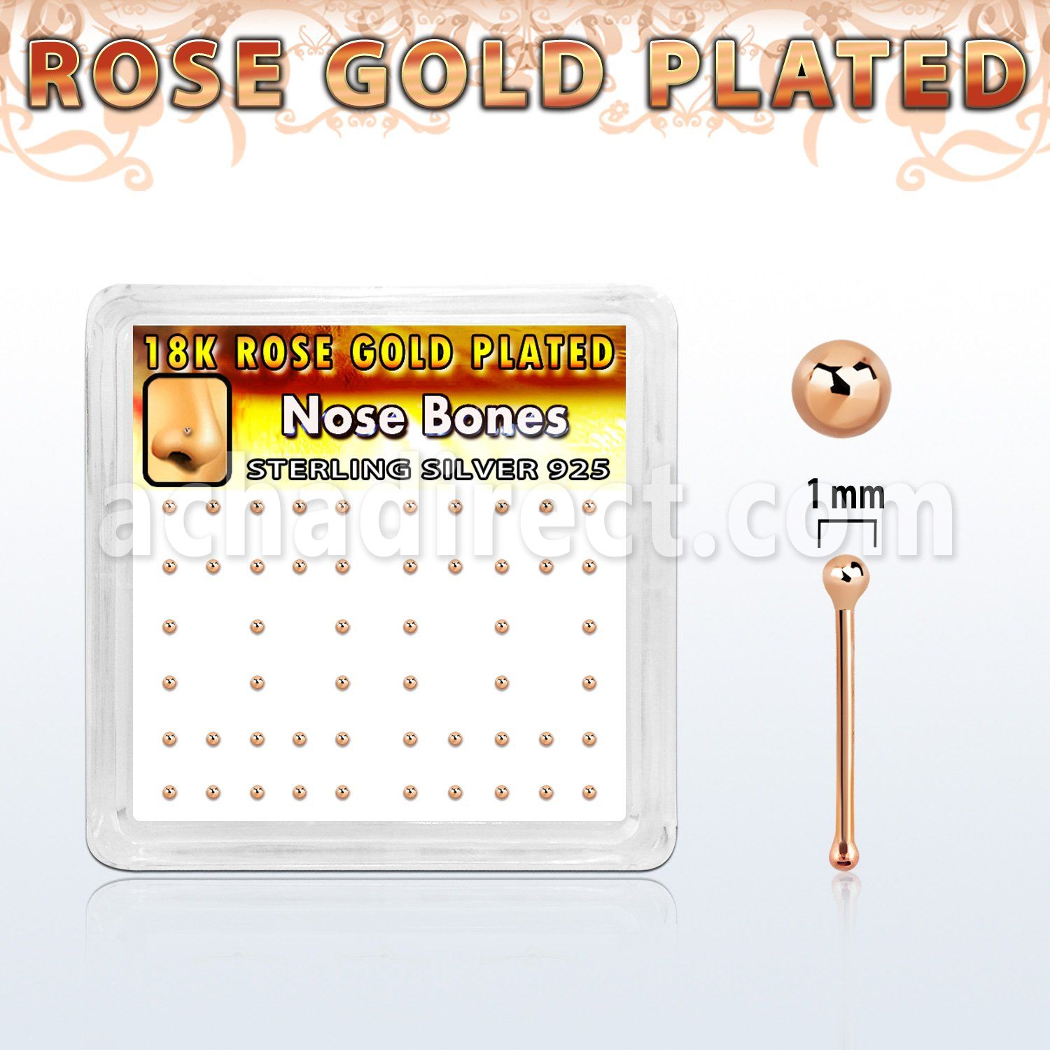 nbxrsb1 box of rose gold plated silver nose bone w 1mm ball top