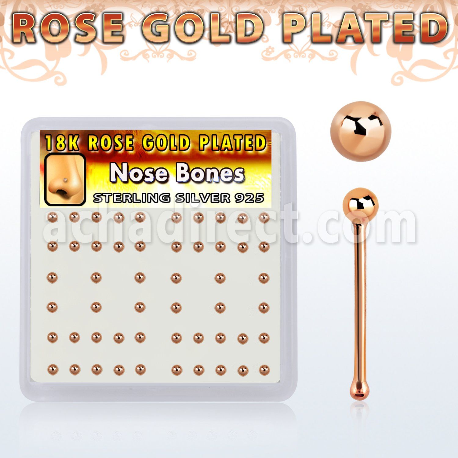 nbxrsb2 box w rose gold plated silver nose bones w 2mm ball top