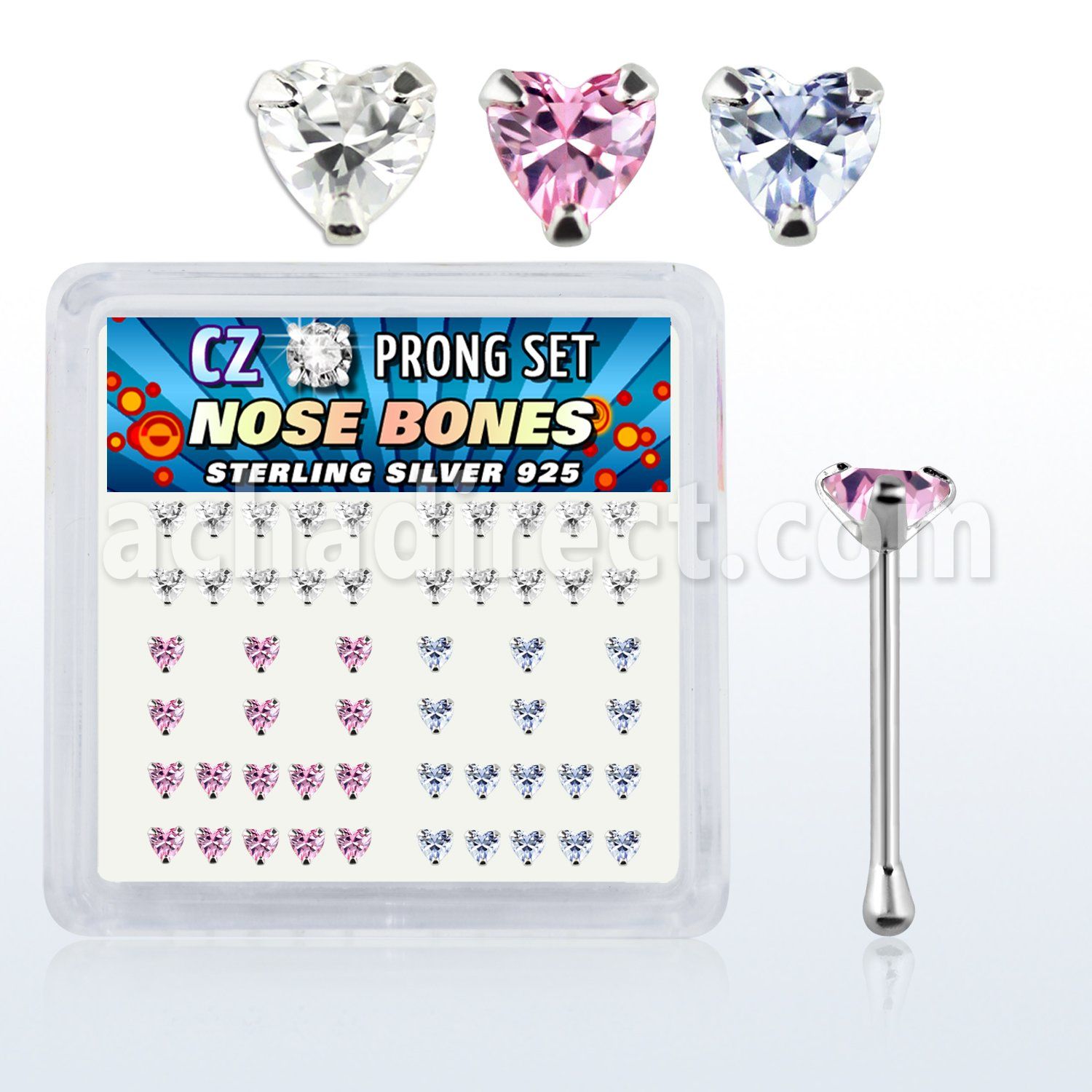 nbzhm silver nose bones w heart assorted color prong cz