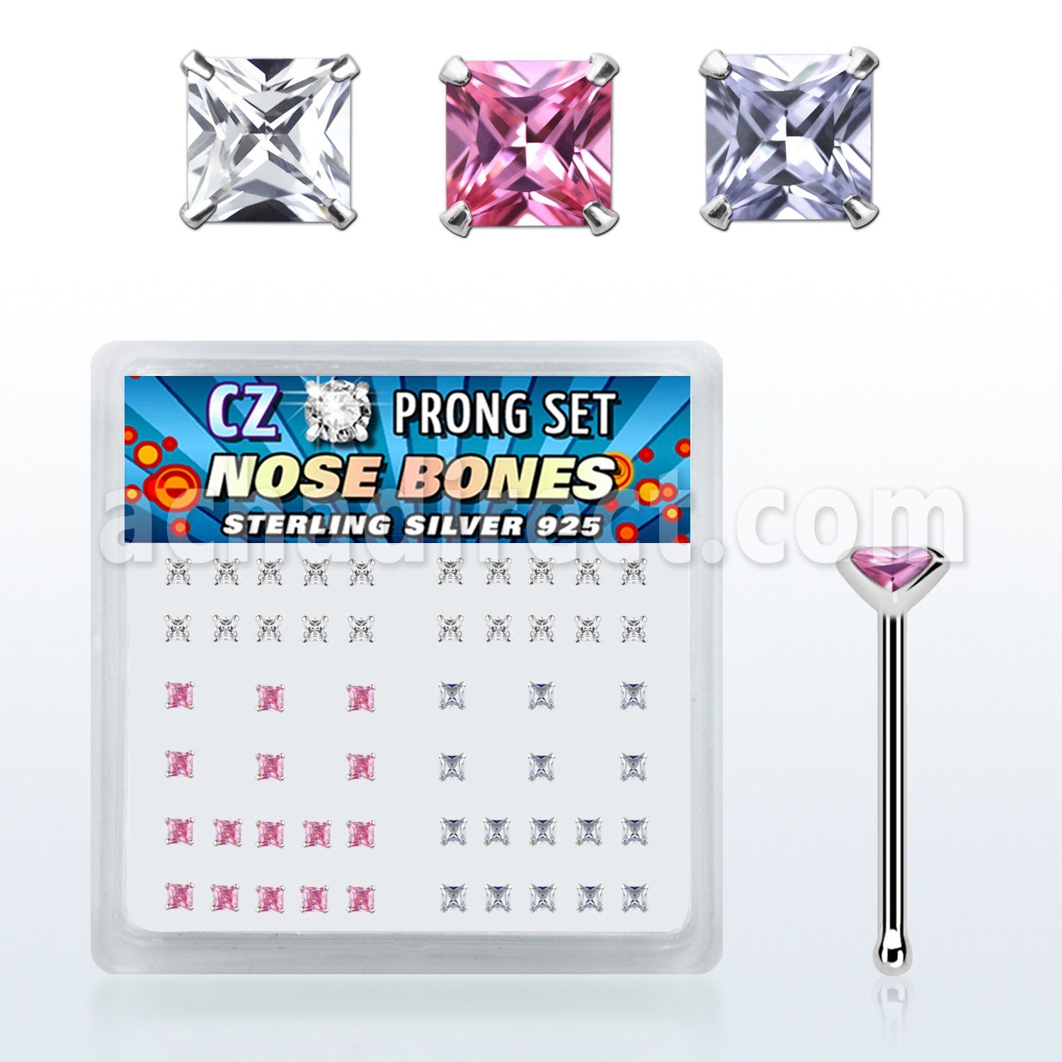 nbzqm box of silver nose bones with assorted color prong cz