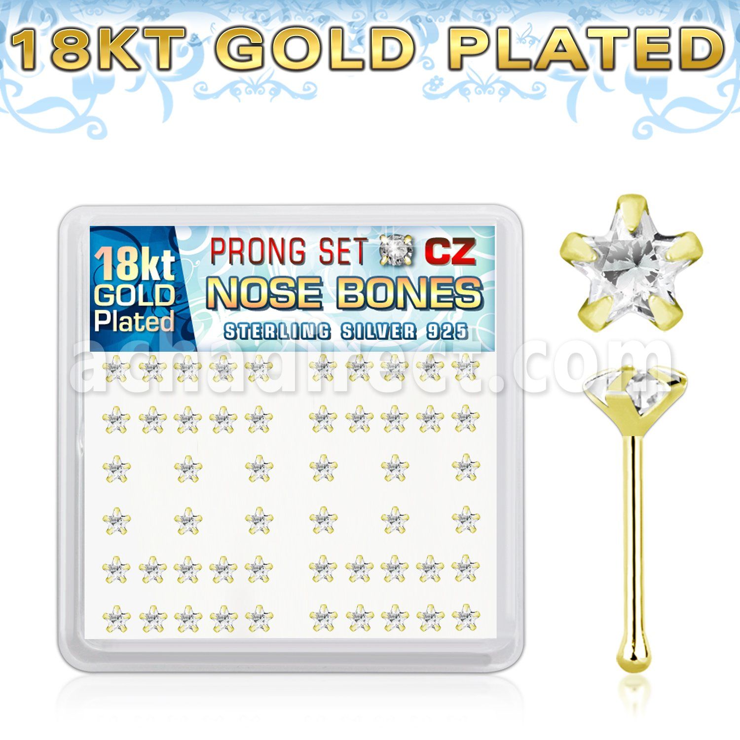 nbzscg 18k gold plated silver nose bones prong cz star