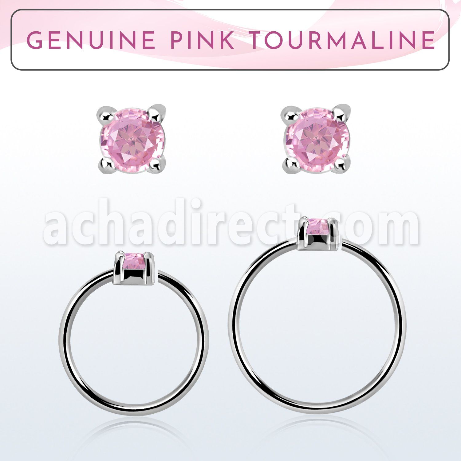 nhge3 silver nose ring w 2mm pink tourmaline casting prong set