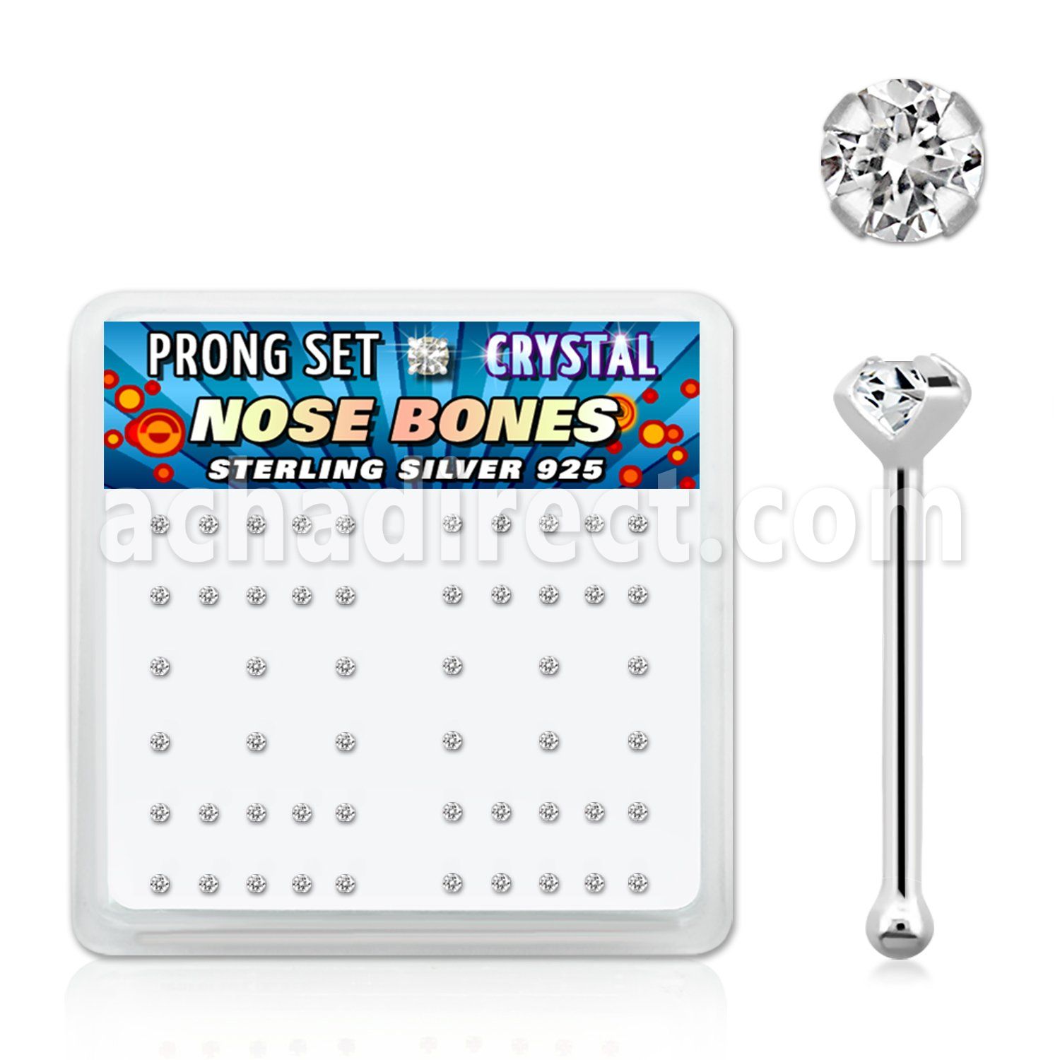 npbcs box of silver nose bones with 1 4mm prong crystals