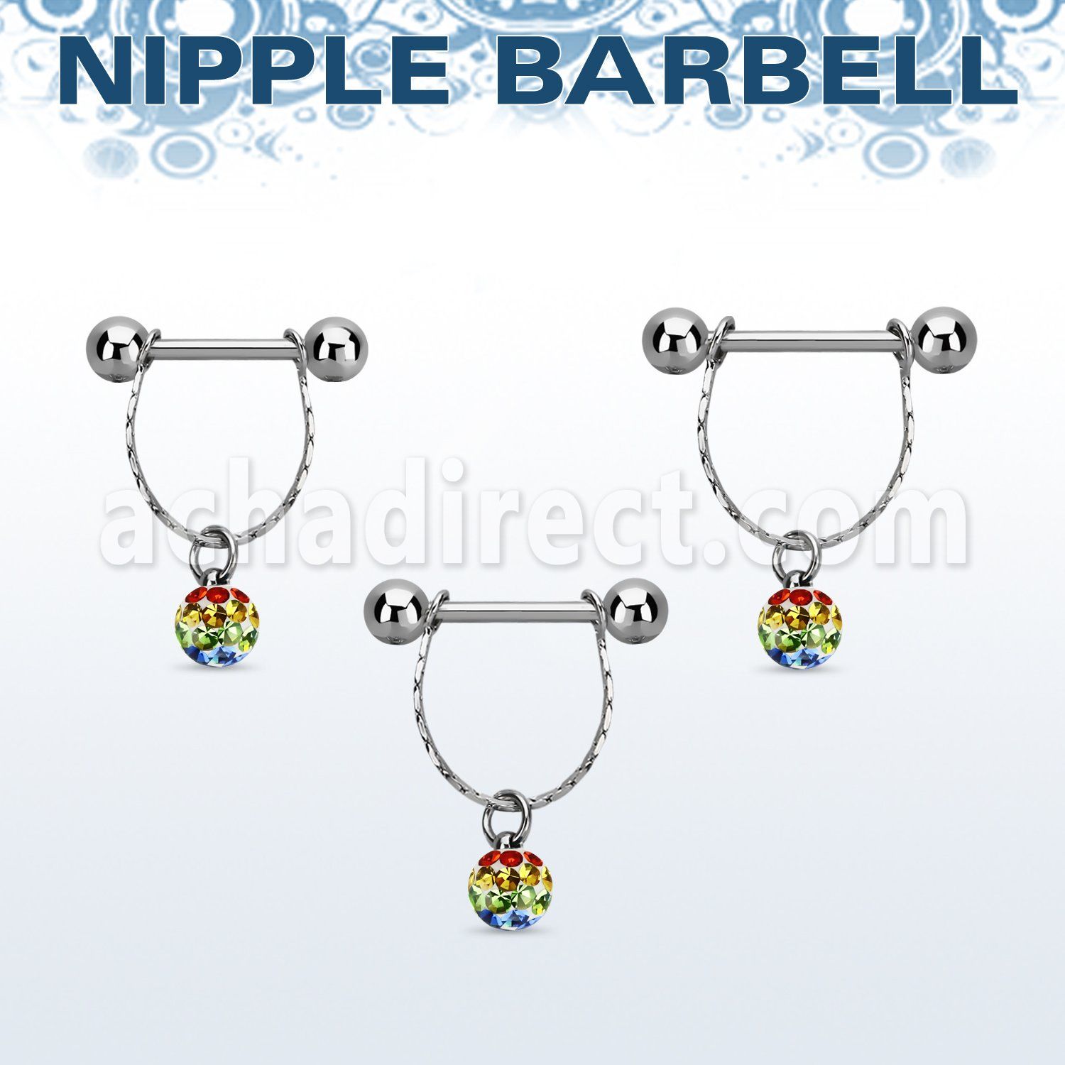 npdl32 steel nipple barbell w chain multi crystal lgbt ball 