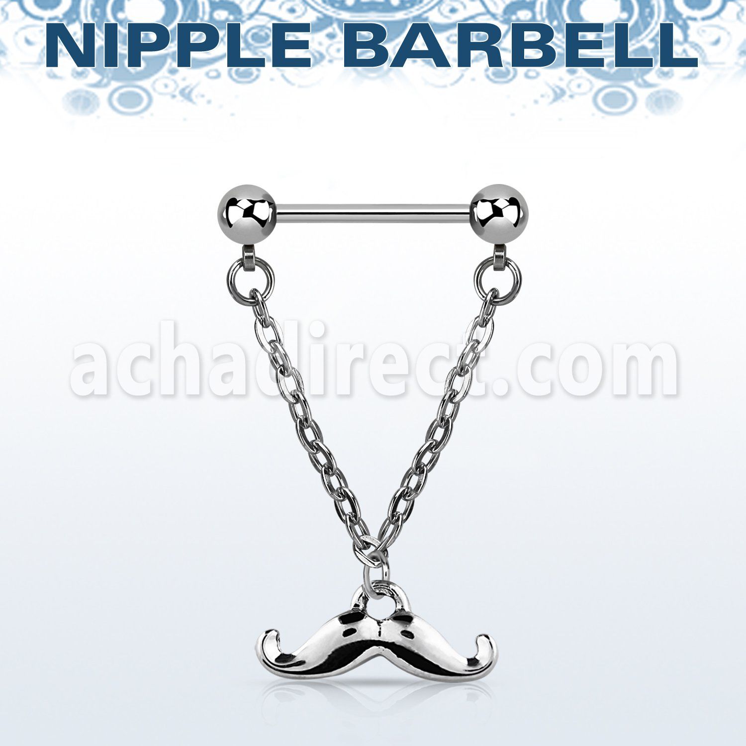 npdl37 steel nipple barbell w dangling happy mustache design