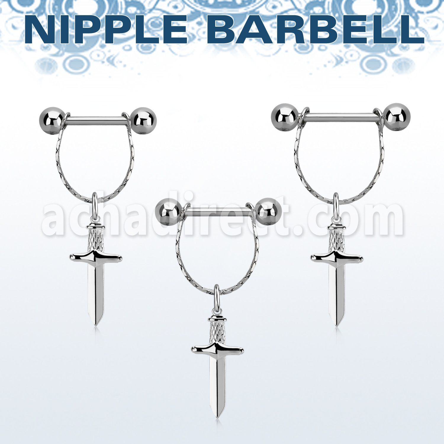 npdl47 steel nipple barbell w 5mm balls  small chain w dagger