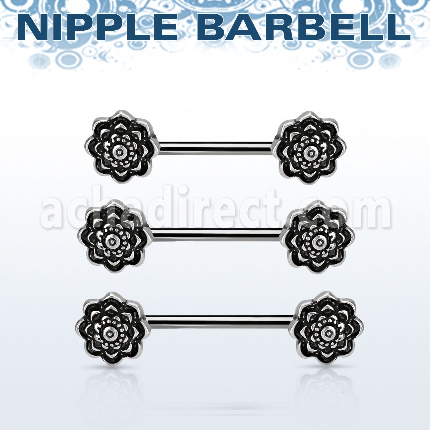 npsh22 surgical steel nipple barbell w 2 black roses on the end