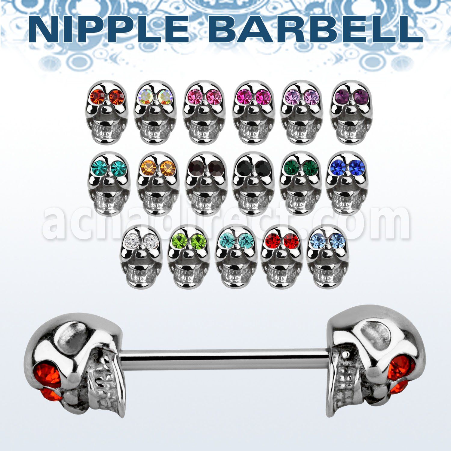 npskc 316l steel nipple barbell w 316l steel crystal skulls