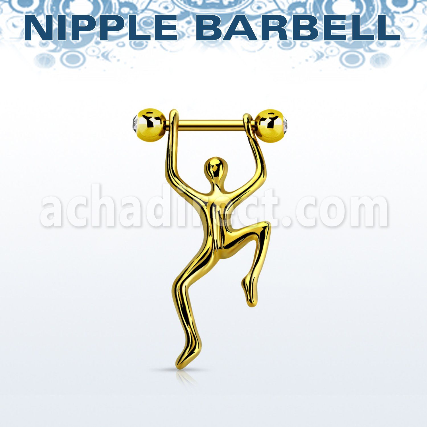 nptd12 gold steel nipple barbell w jewels balls hanging man 