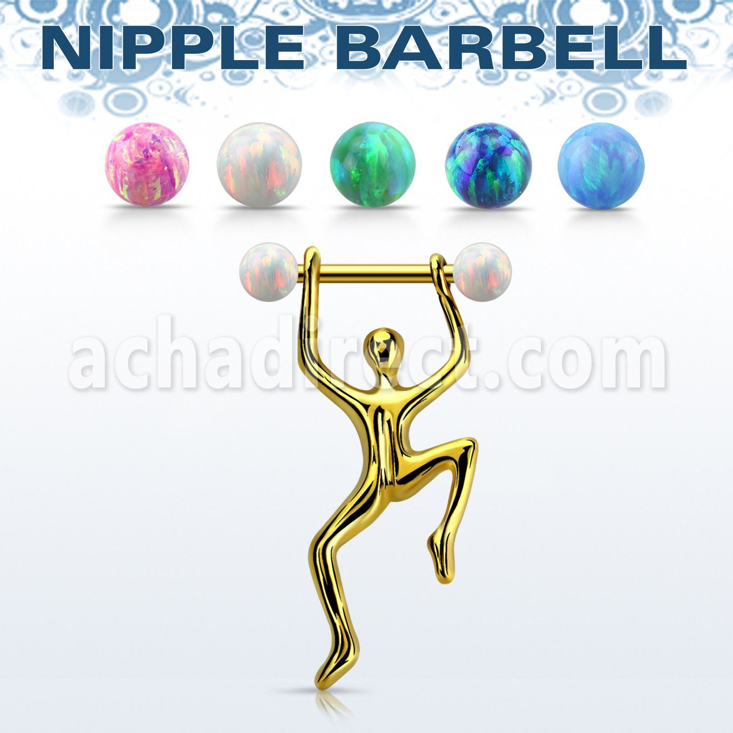 nptd13 gold pvd plated nipple barbell w opal balls hanging man 