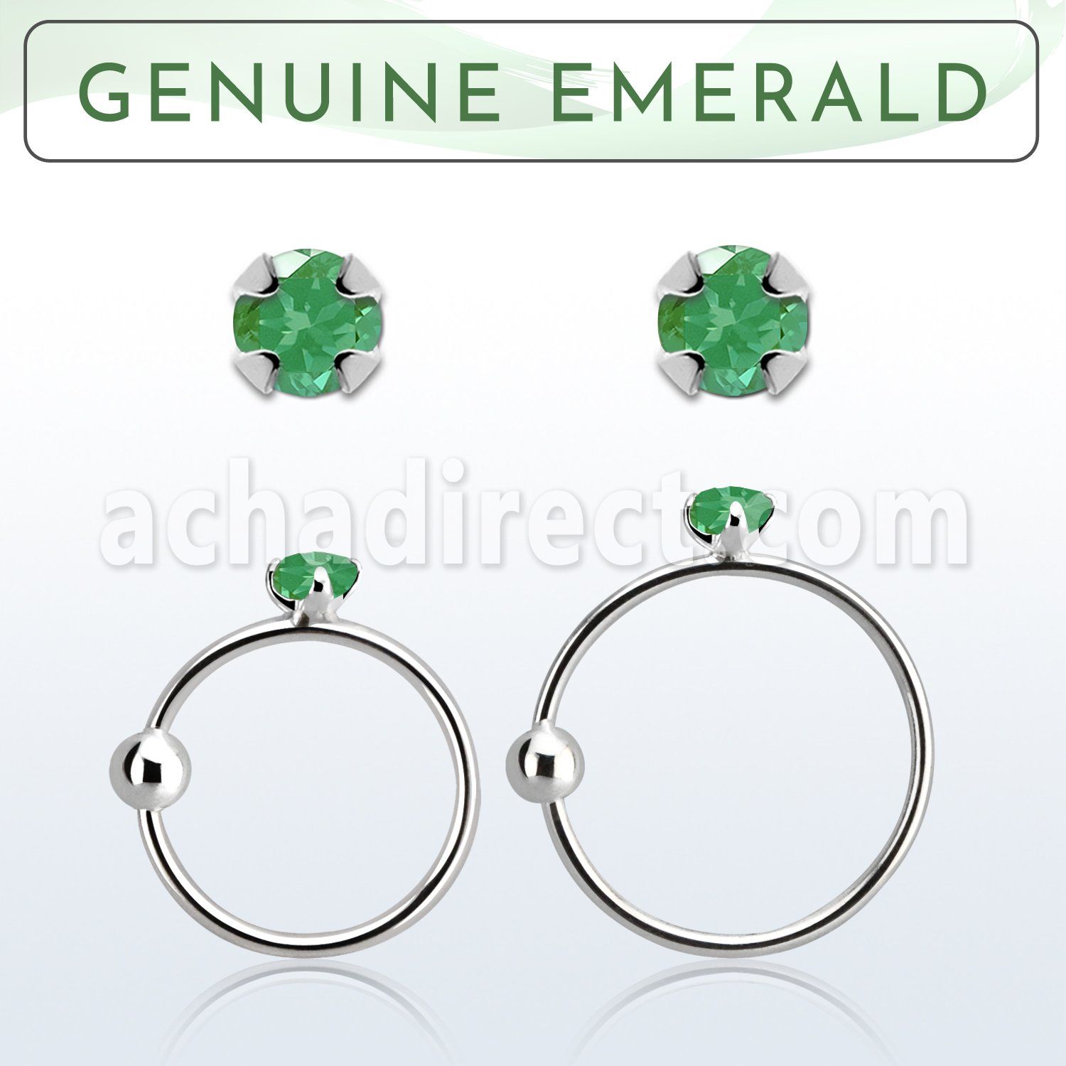 nrge10 925 silver nose hoop w 2mm prong set emerald stone