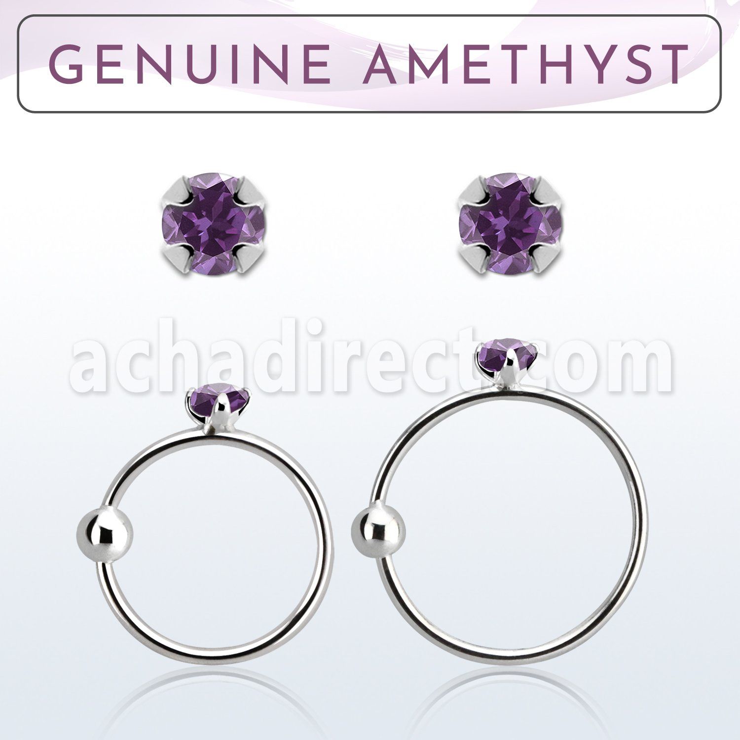 nrge1 925 silver nose hoop w 2mm prong set amethyst stone