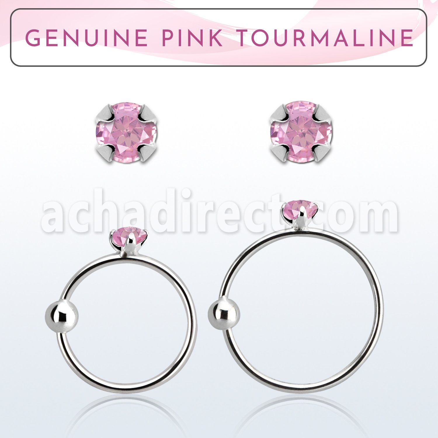 nrge3 925 silver nose hoop w prong set pink tourmaline stone