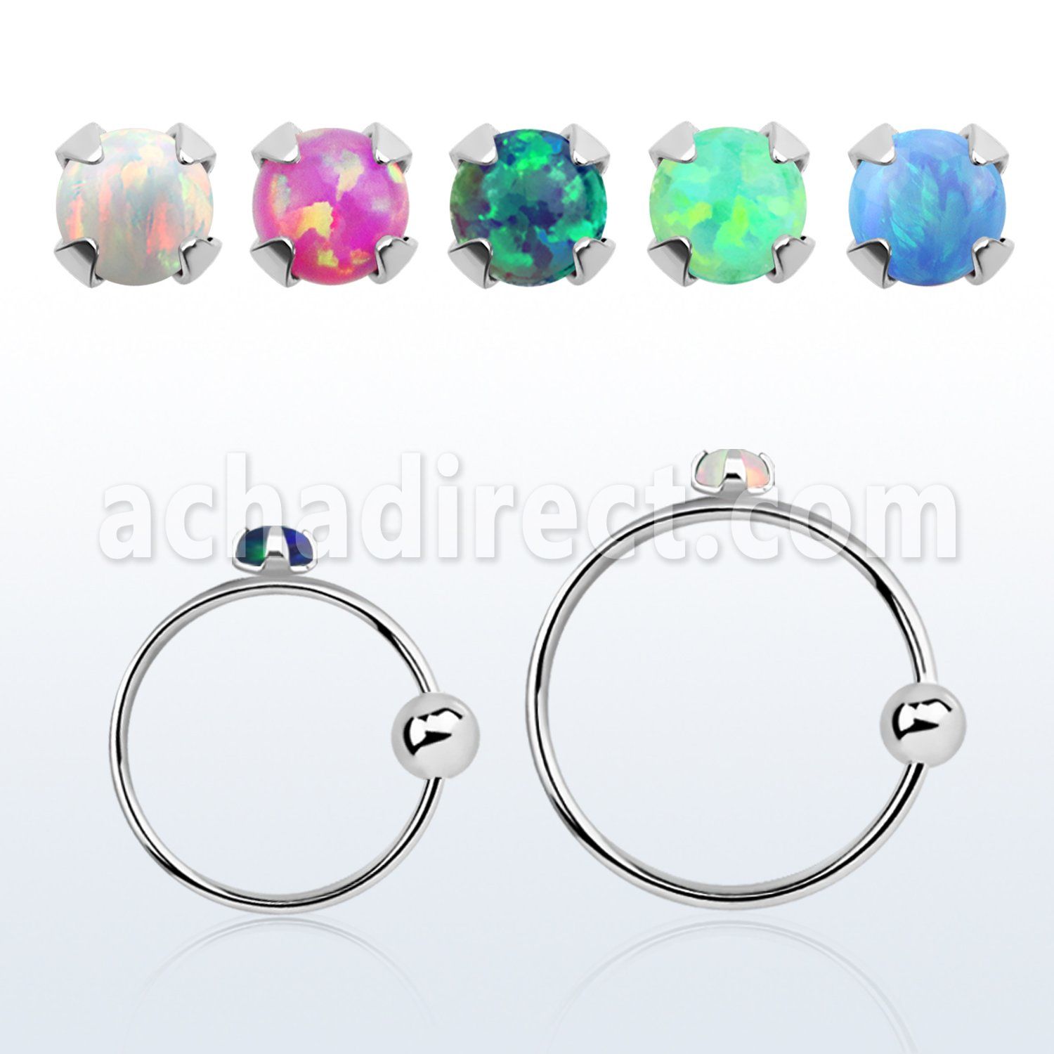nrpo15 silver nose hoop w ball 1.5mm prong set synthetic opal