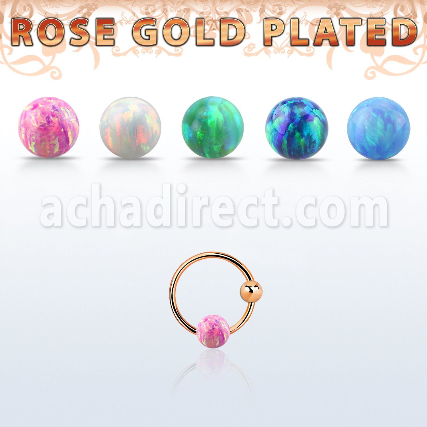 ns05rso rose gold silver nose hoop w ball 3mm opal ball 8mm