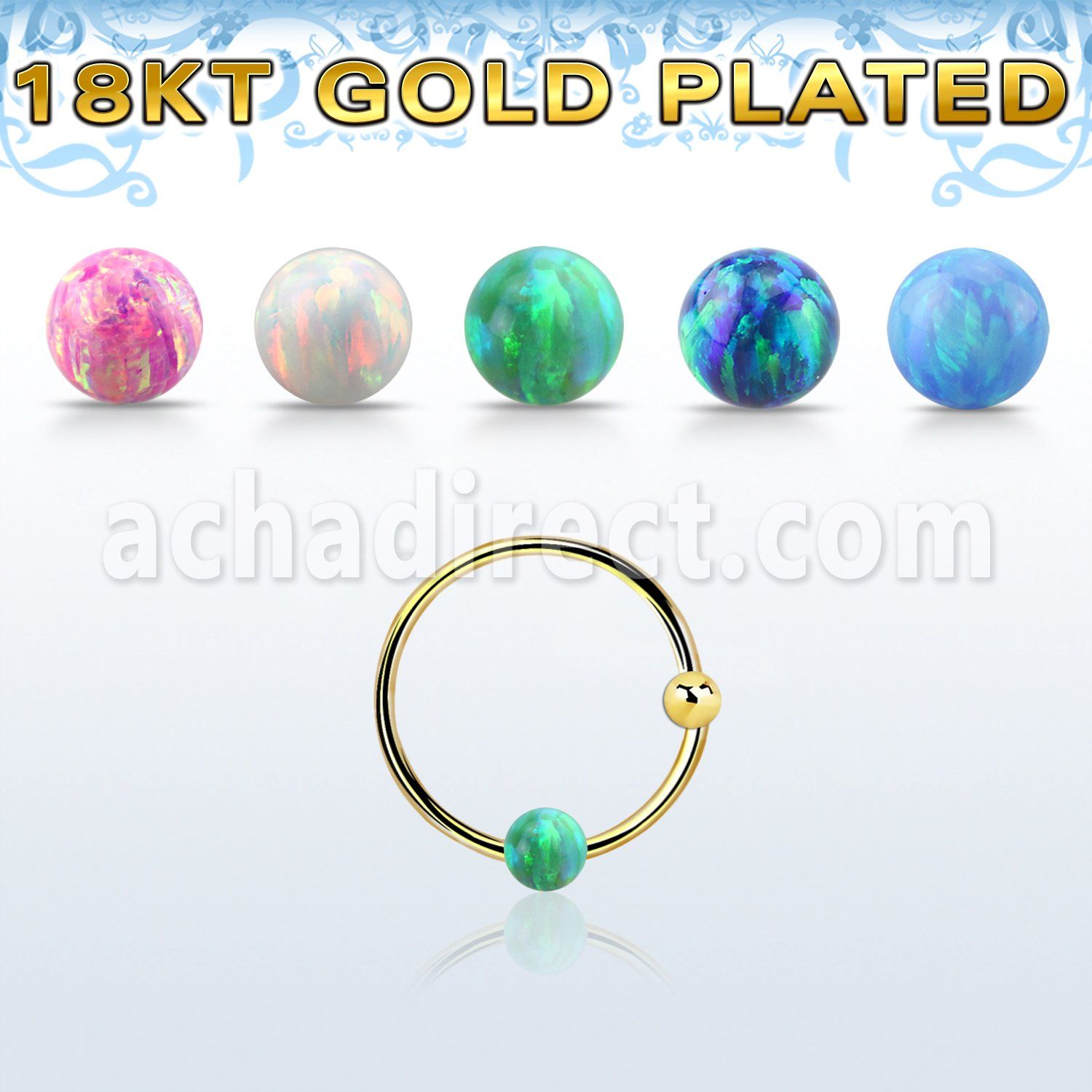 ns07rgo gold silver nose hoop w ball 3mm opal ball 12mm