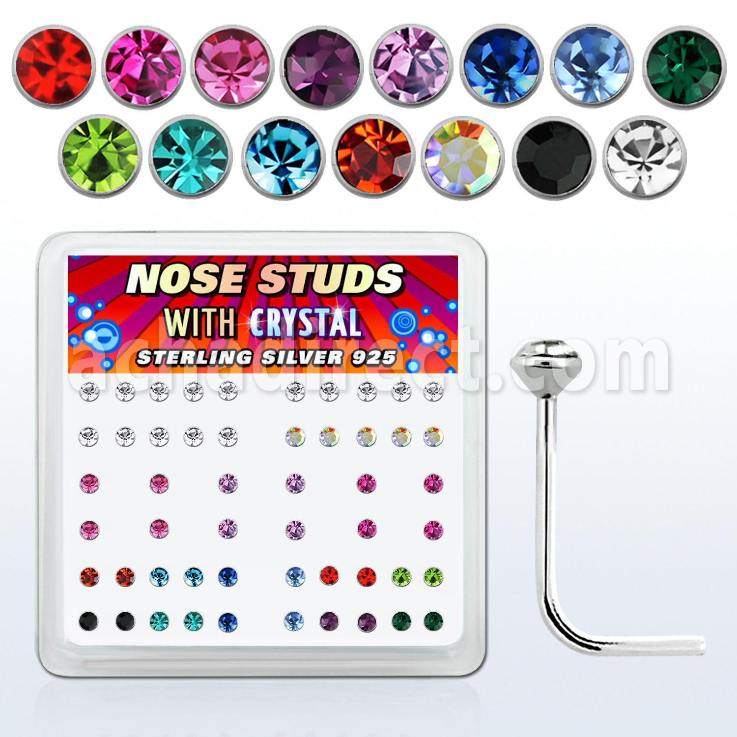 ns14mx box of silver nose studs w 2mm mix color round crystals