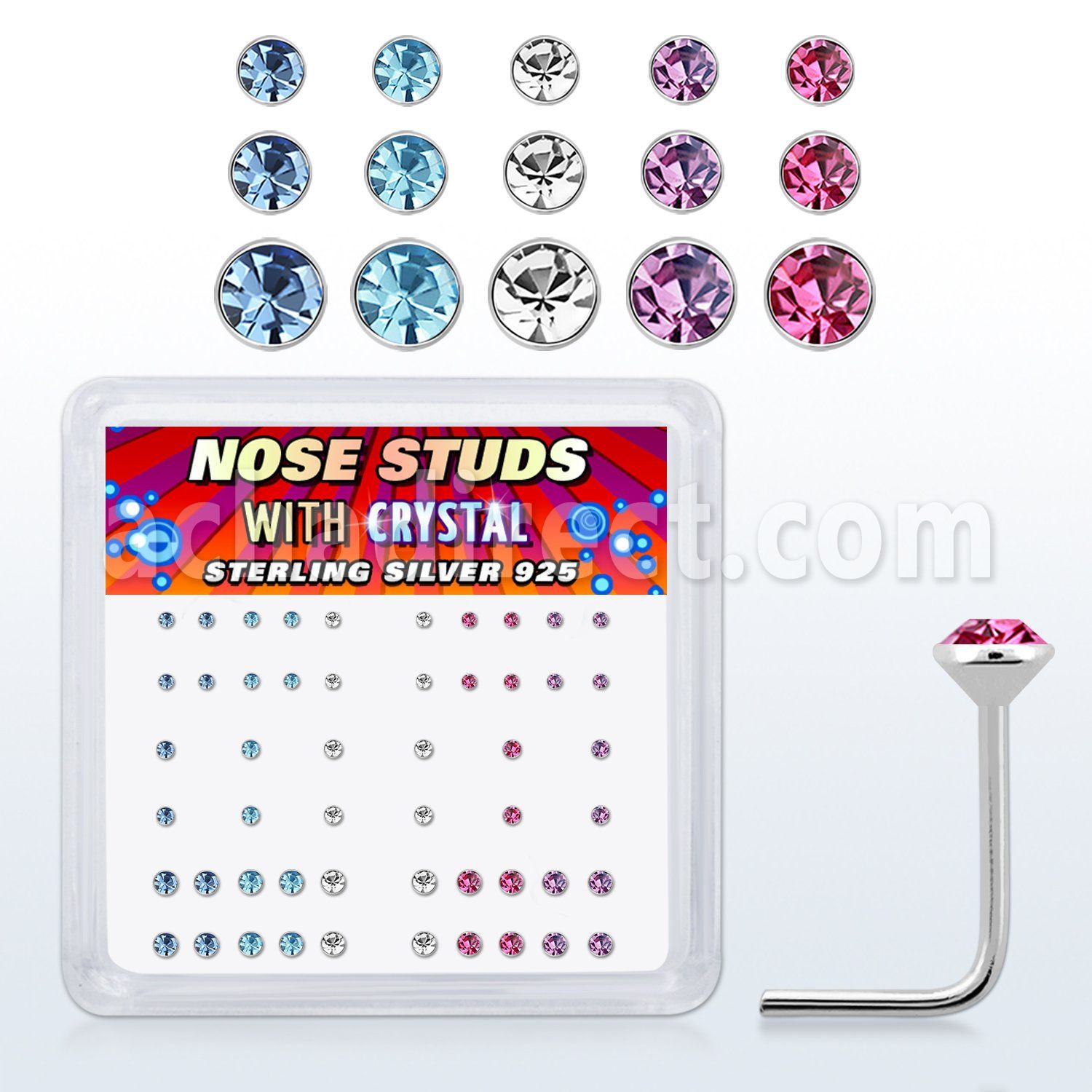 nsbxmm silver nose studs w 1 3 1 5 1 8mm assorted crystals