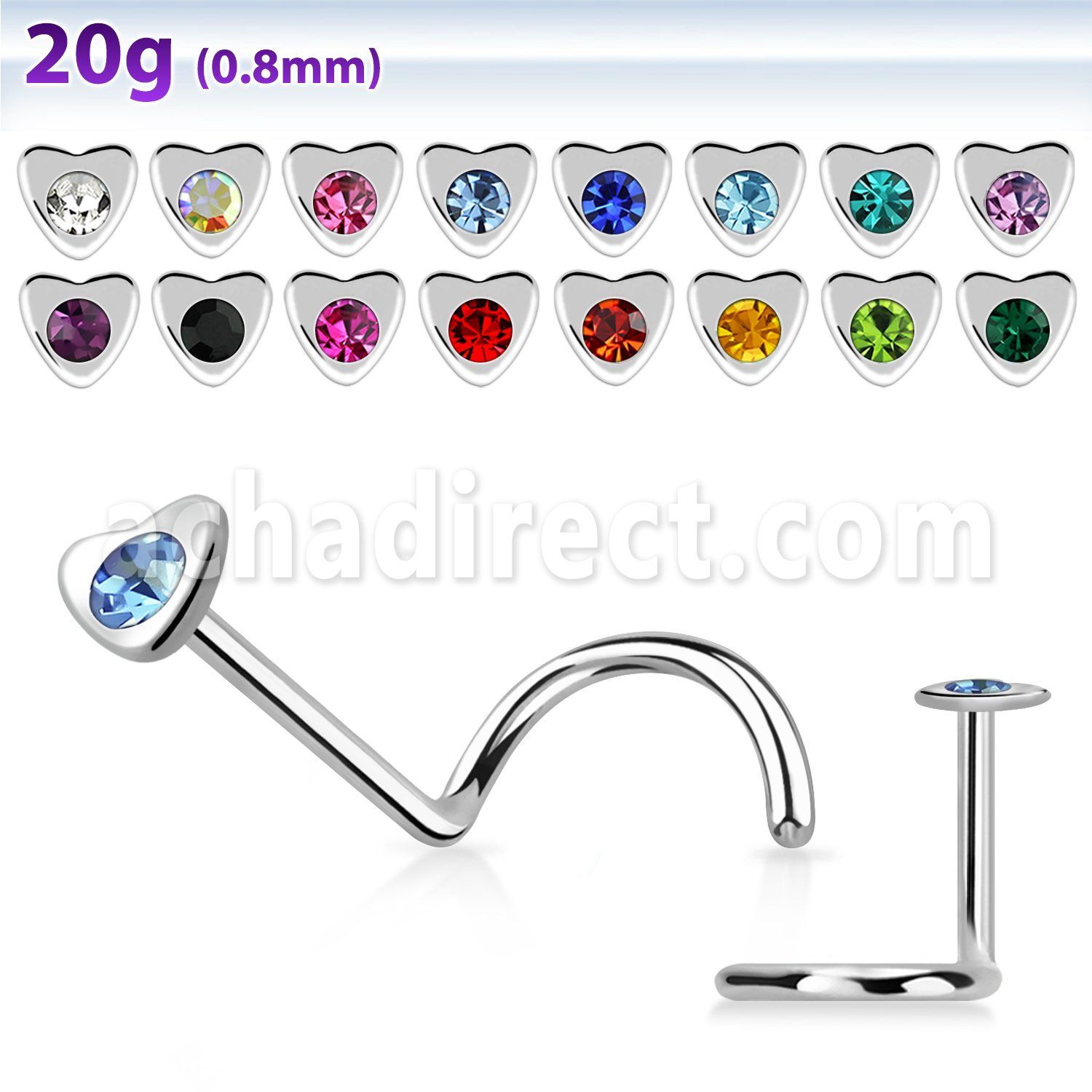 nschtc polished 316l steel nose screw with heart top w crystal