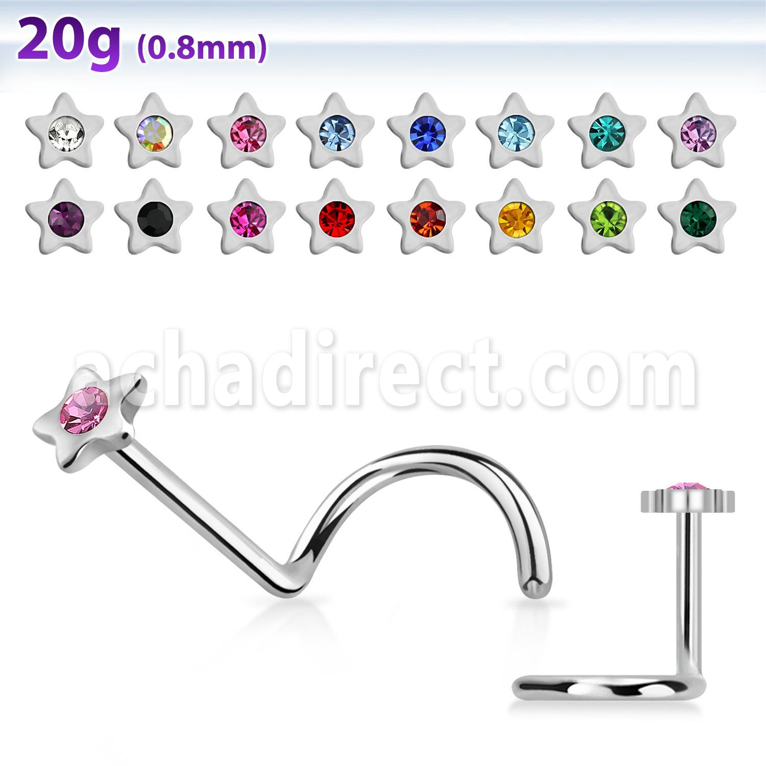 nscstc polished 316l steel nose screw with star top w crystal