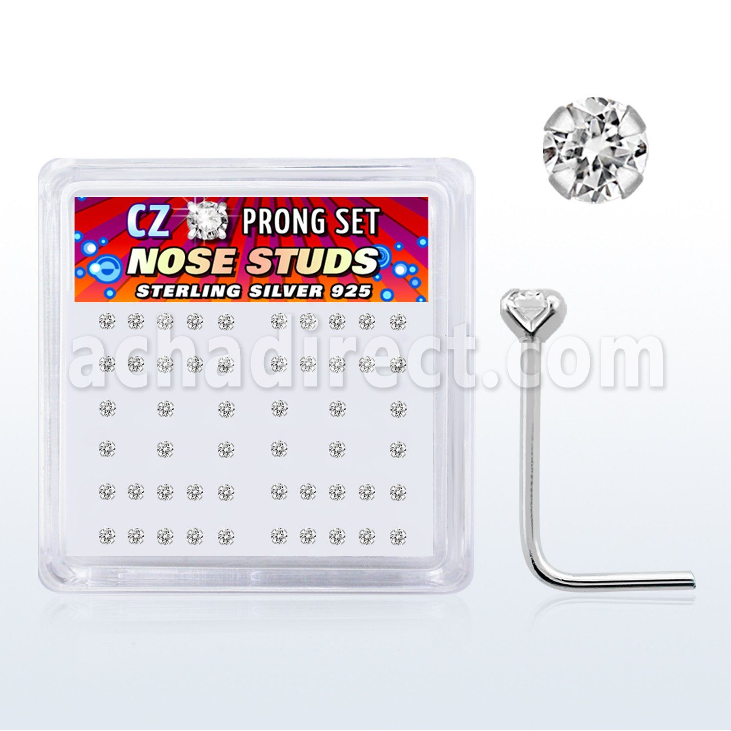 nsczbxc box of silver nose studs with 2mm round clear prong cz