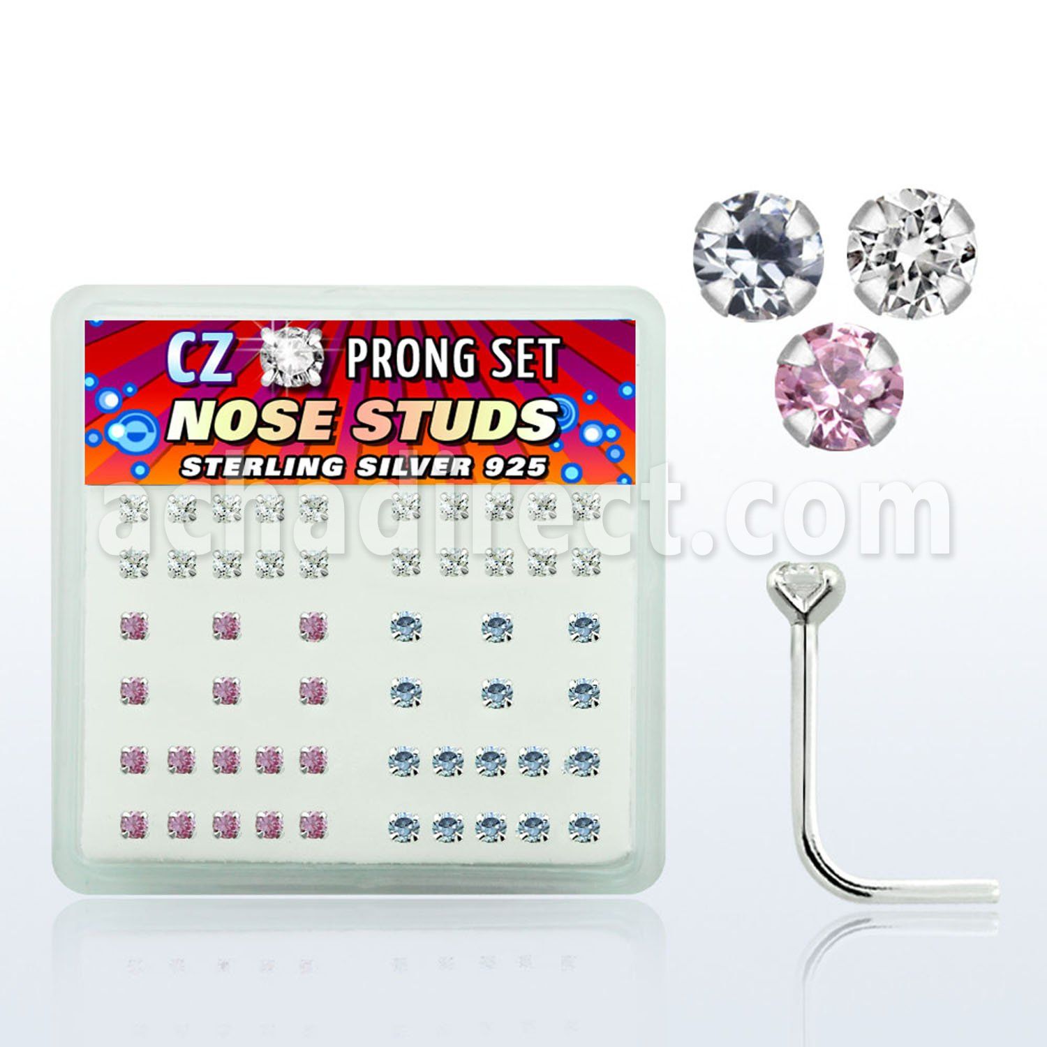 nsczbxm box of silver nose studs with assorted color prong cz